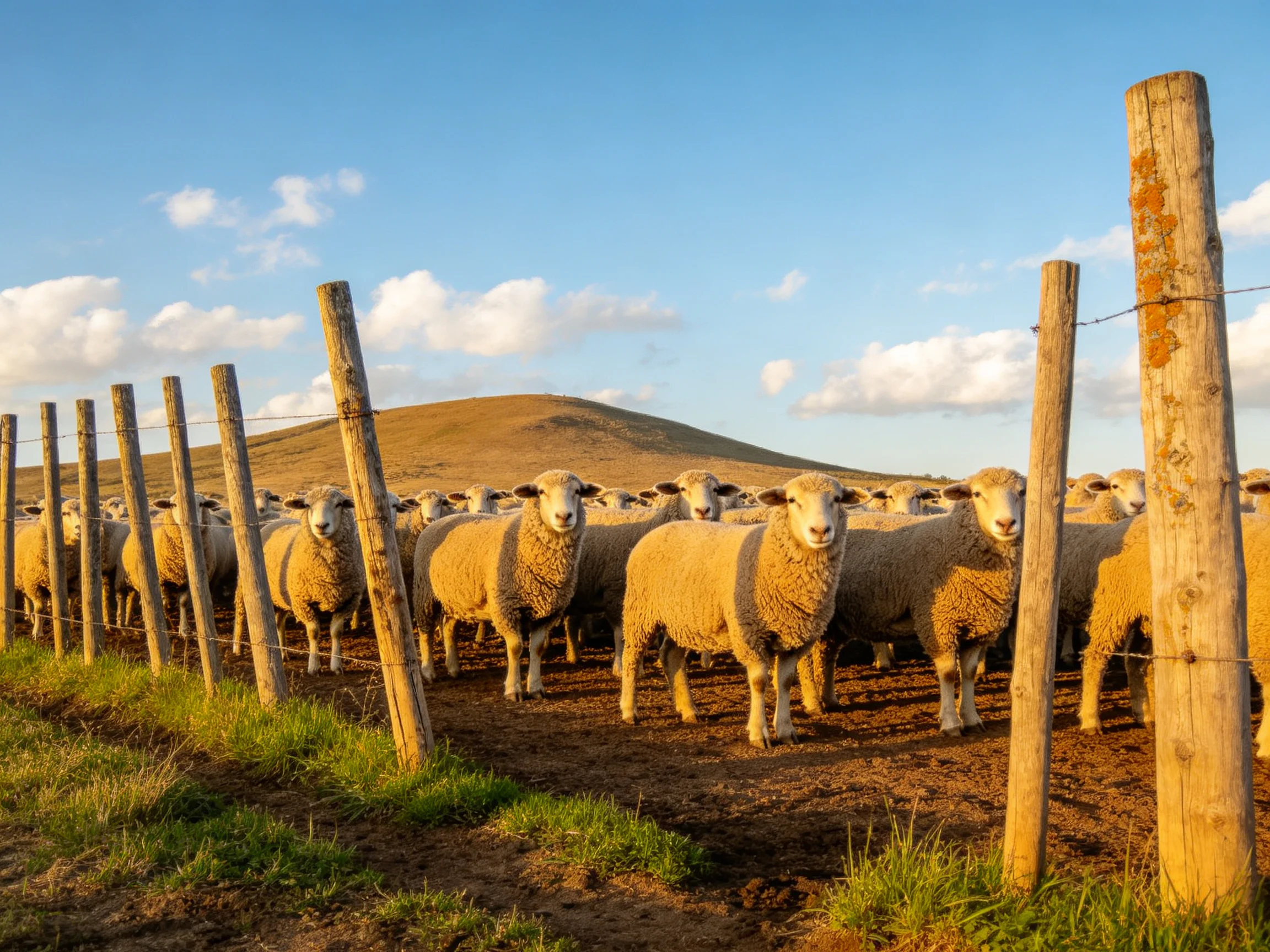 Golden Hour Sheep Herd Behind Weathered Fence Posts