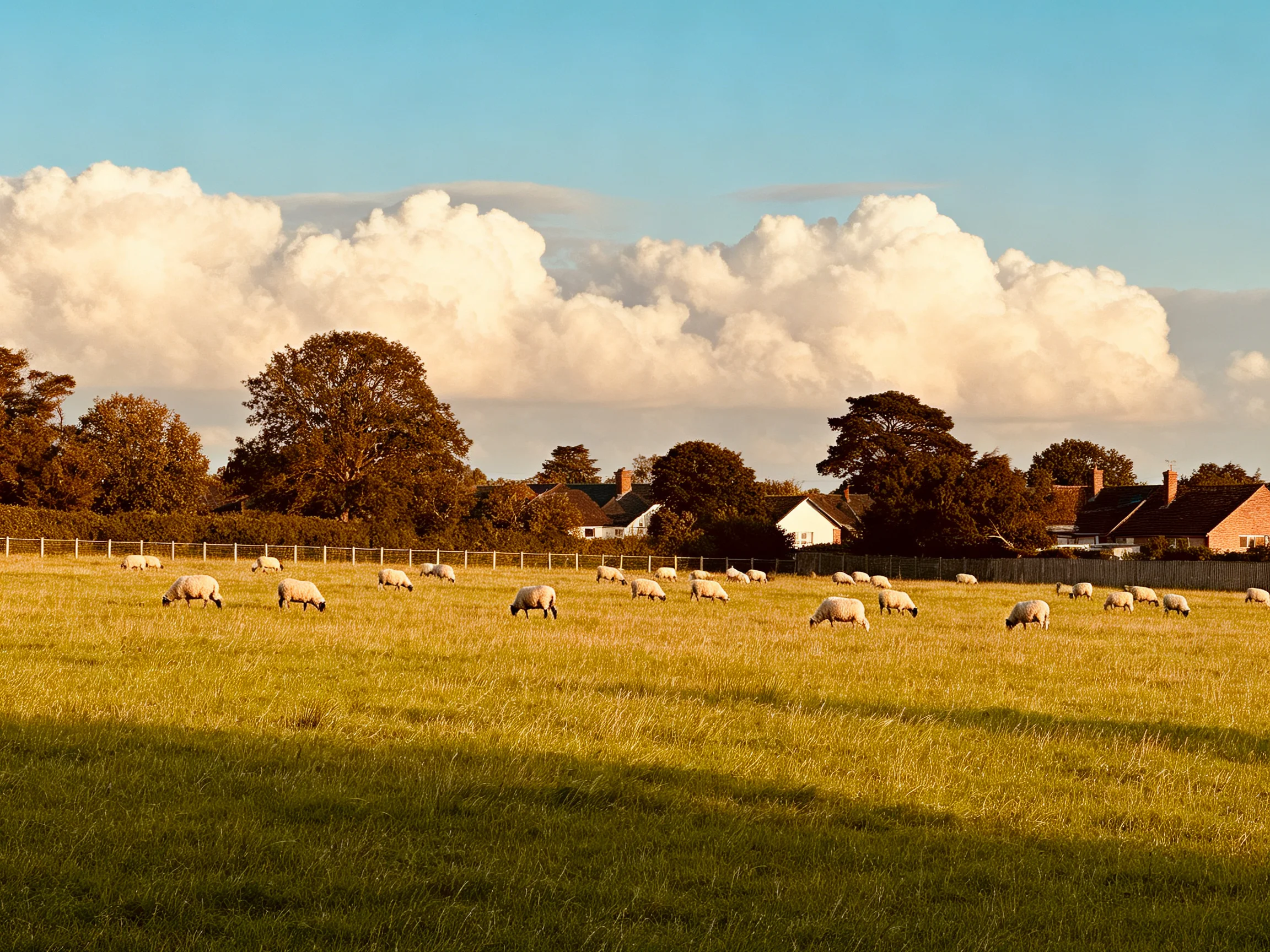 Golden field with grazing sheep, homes, and fluffy clouds