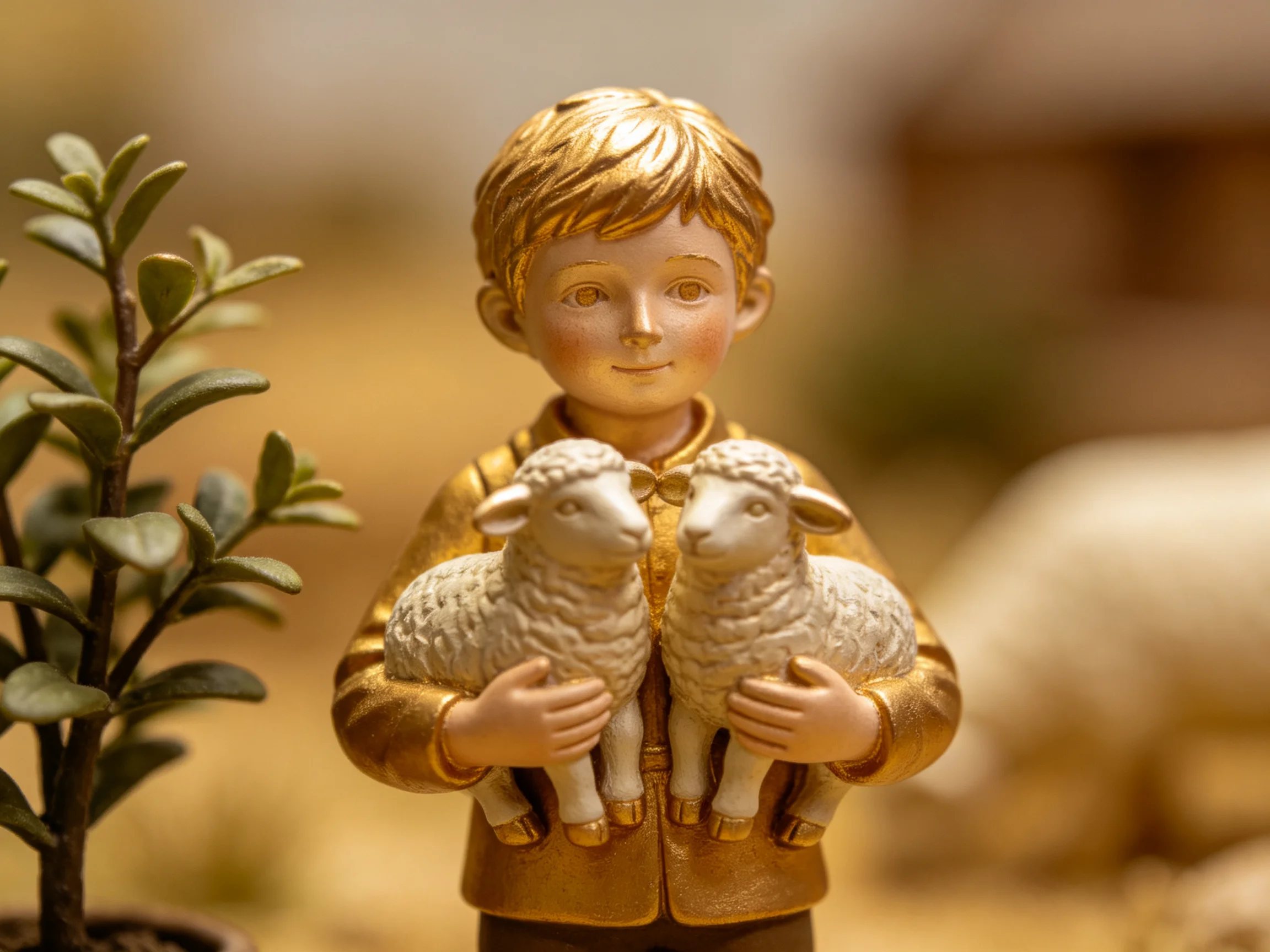 Golden figurine holding two cream-colored sheep beside a green plant