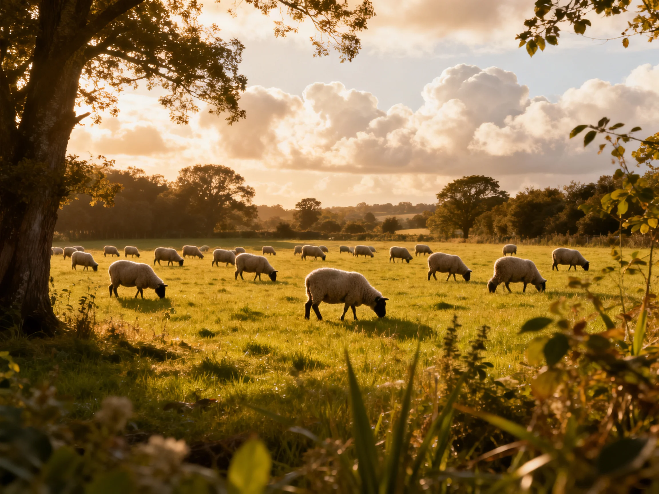 Golden-hour sheep grazing in a lush green pasture near large trees