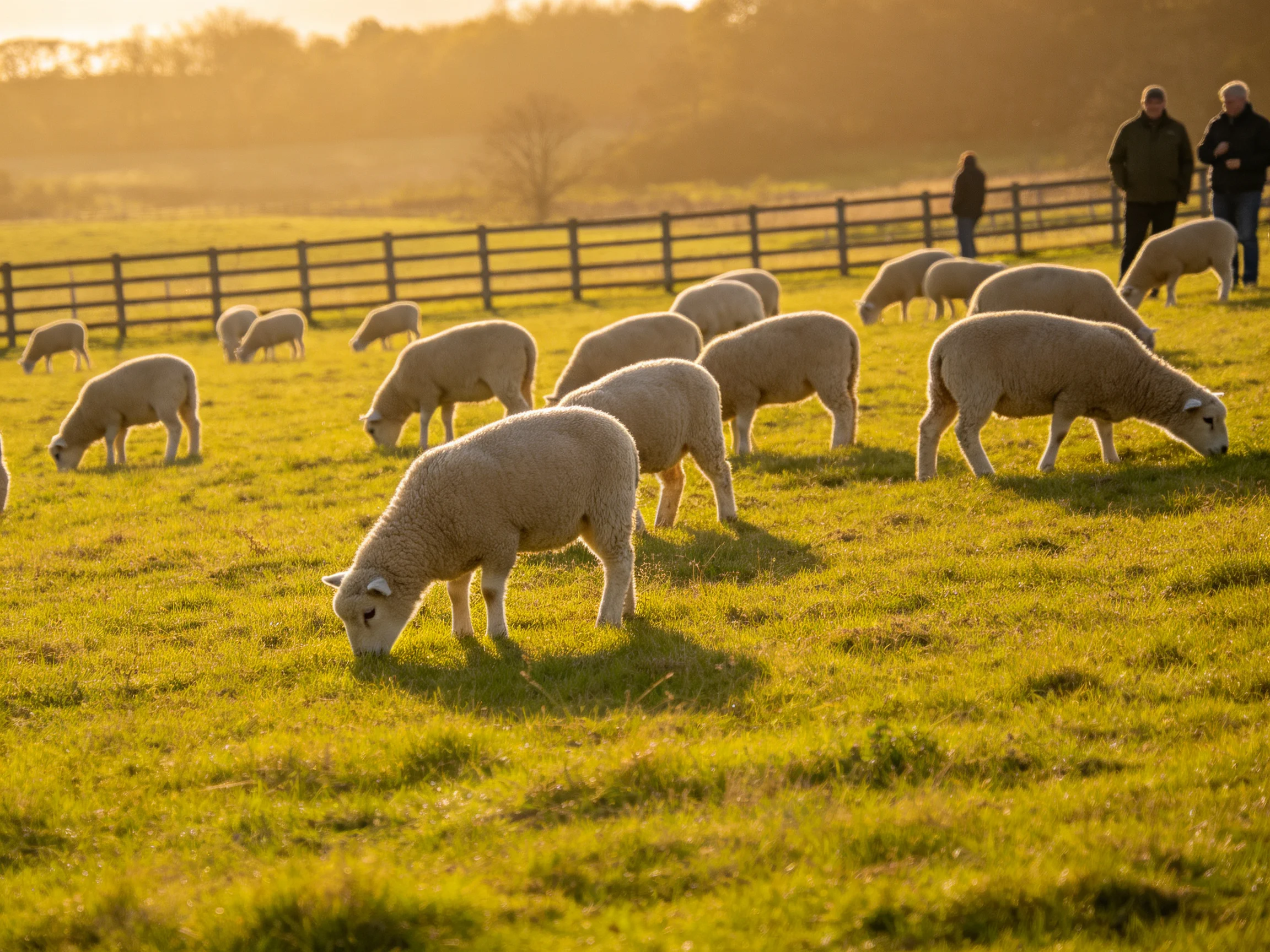 Golden-hour sheep grazing in a lush green pasture with wooden fencing and observers