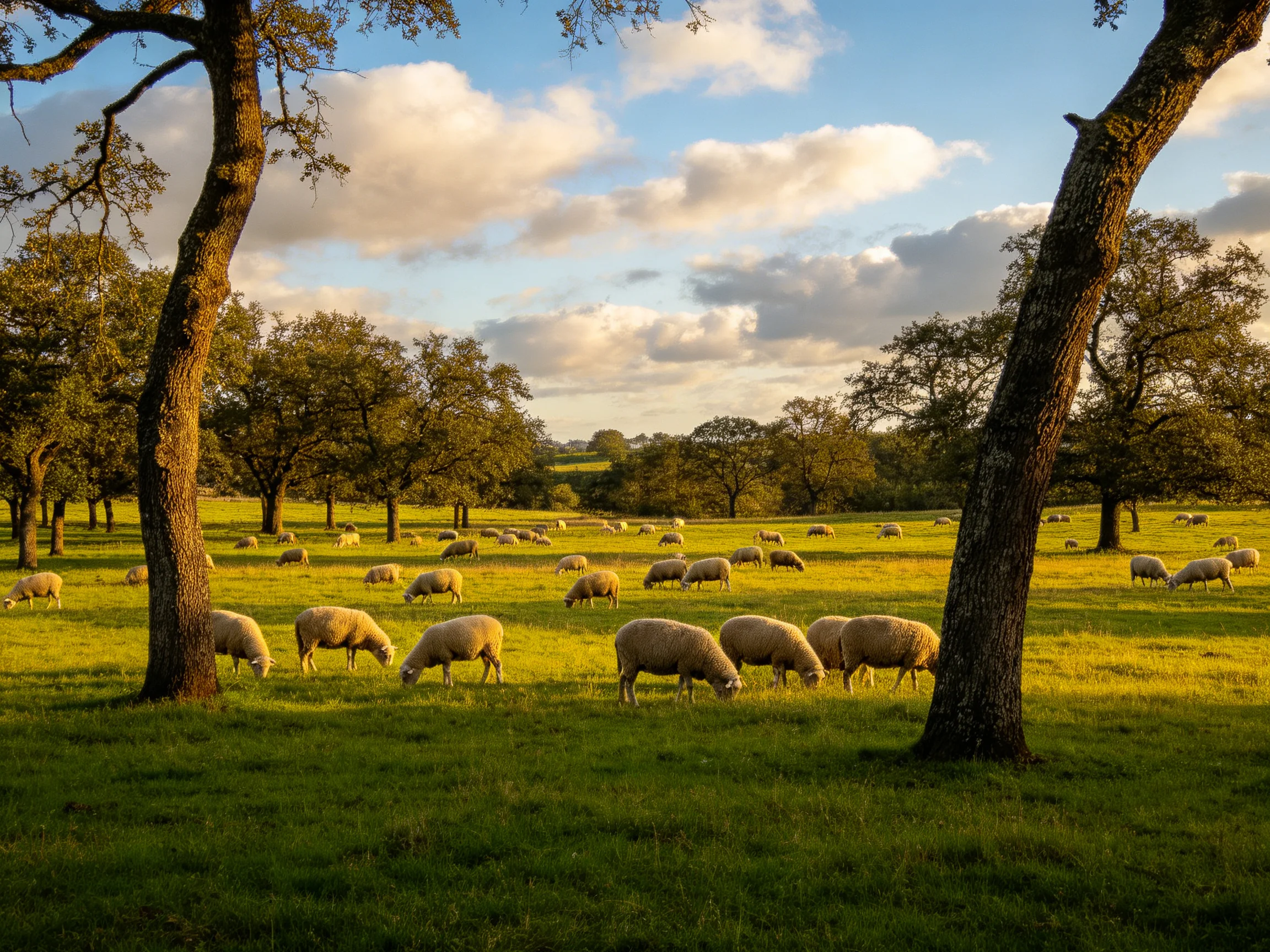 Golden-hour sheep grazing in a lush, tree-dotted meadow