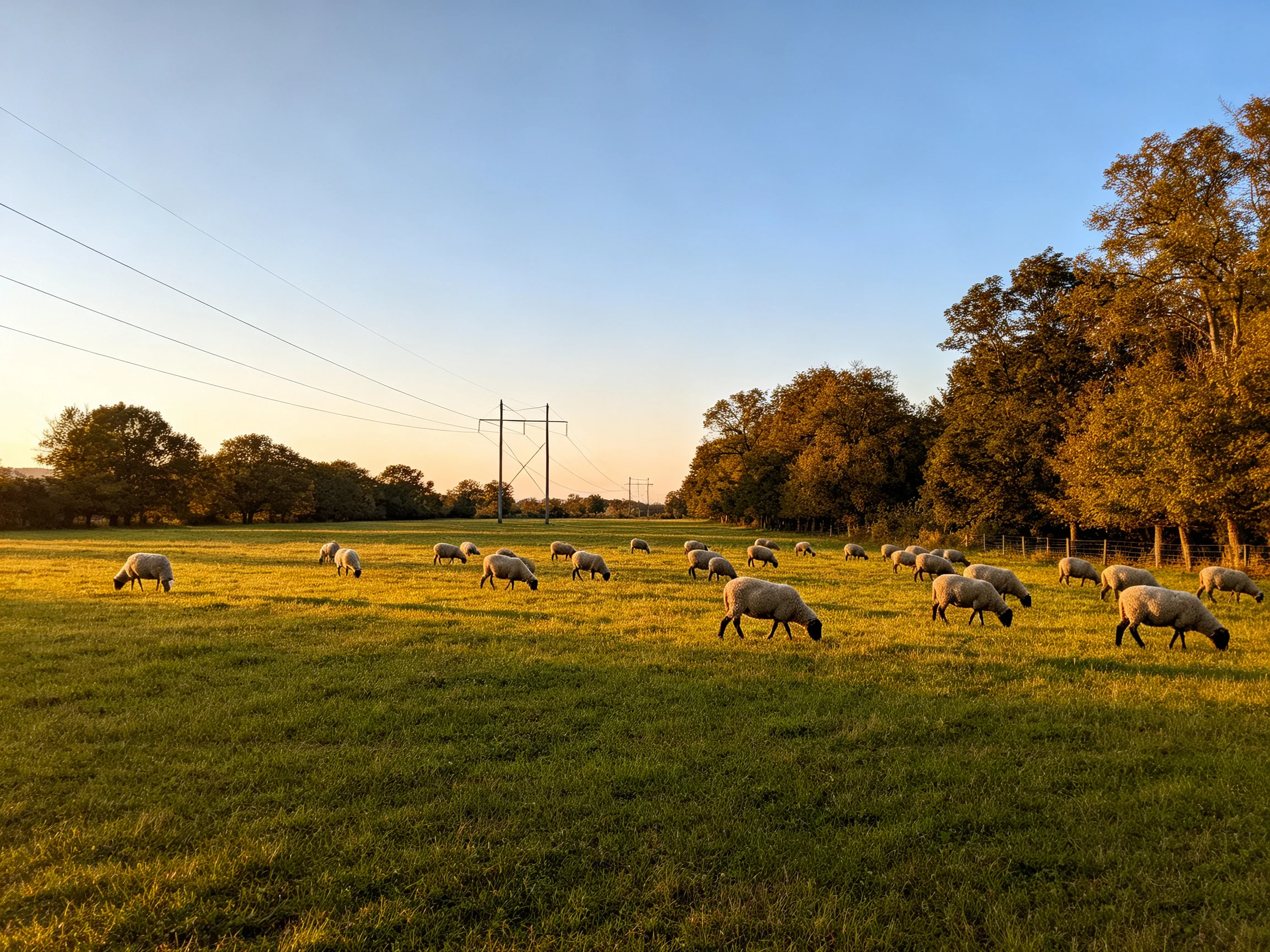 Golden-hour sheep grazing in a wooded meadow