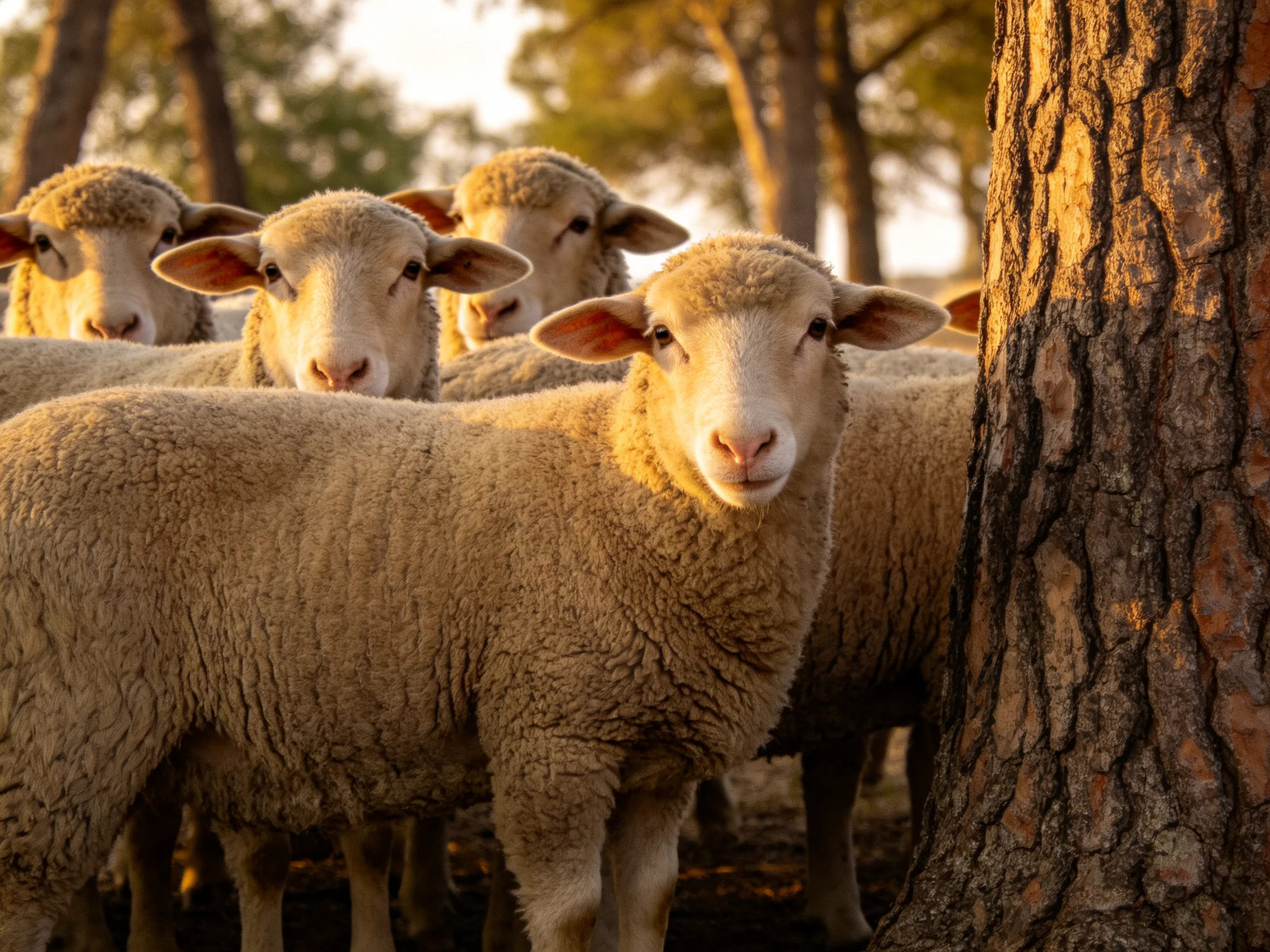 Golden-hued sheep gather near a textured tree trunk