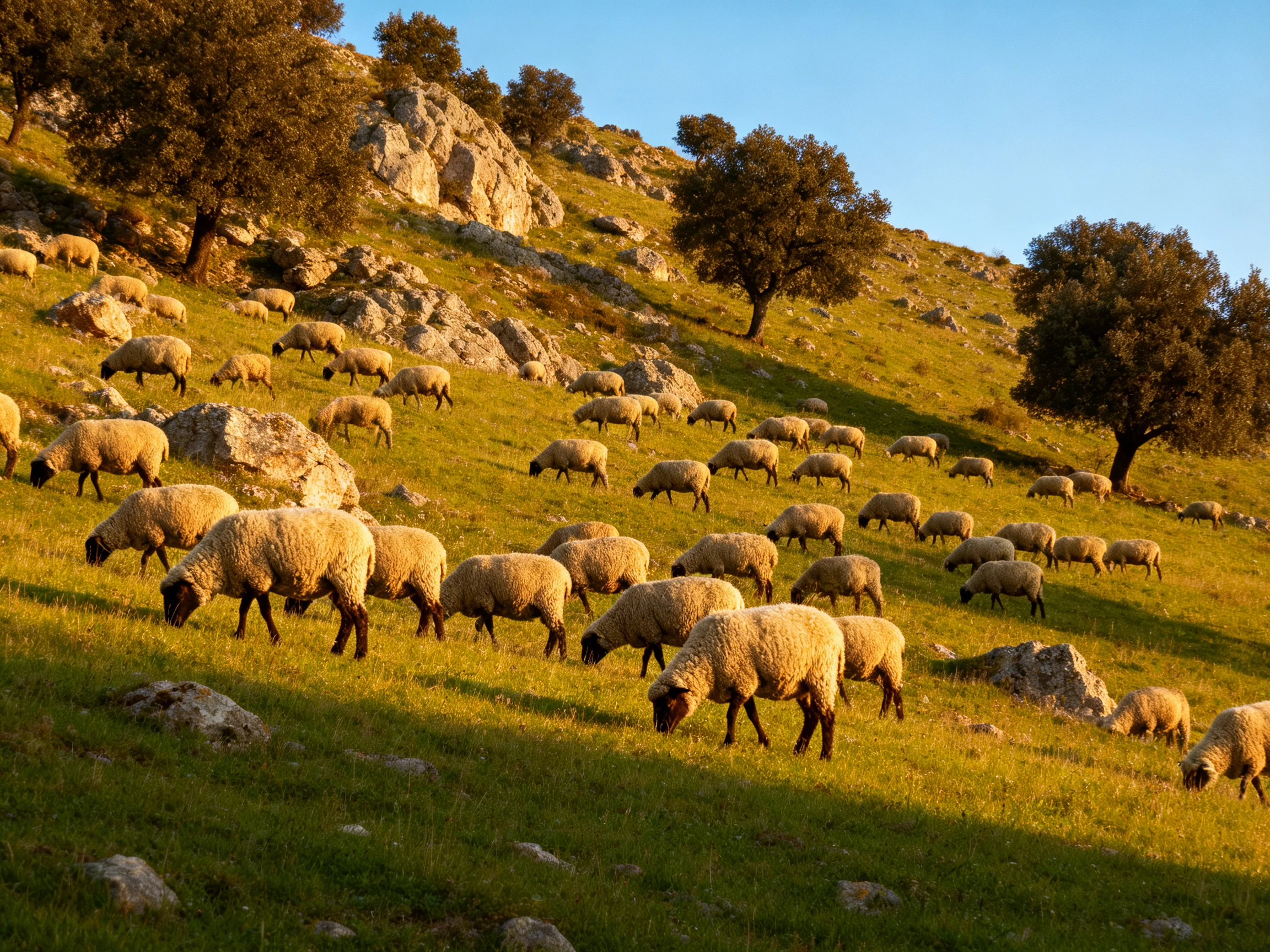Golden-hued sheep graze across rocky hillside with scattered trees