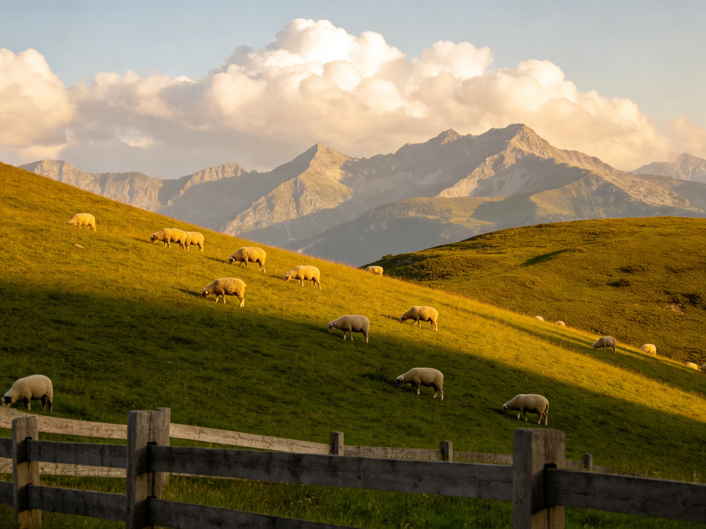 Golden-hued sheep graze on rolling green hills near towering mountains