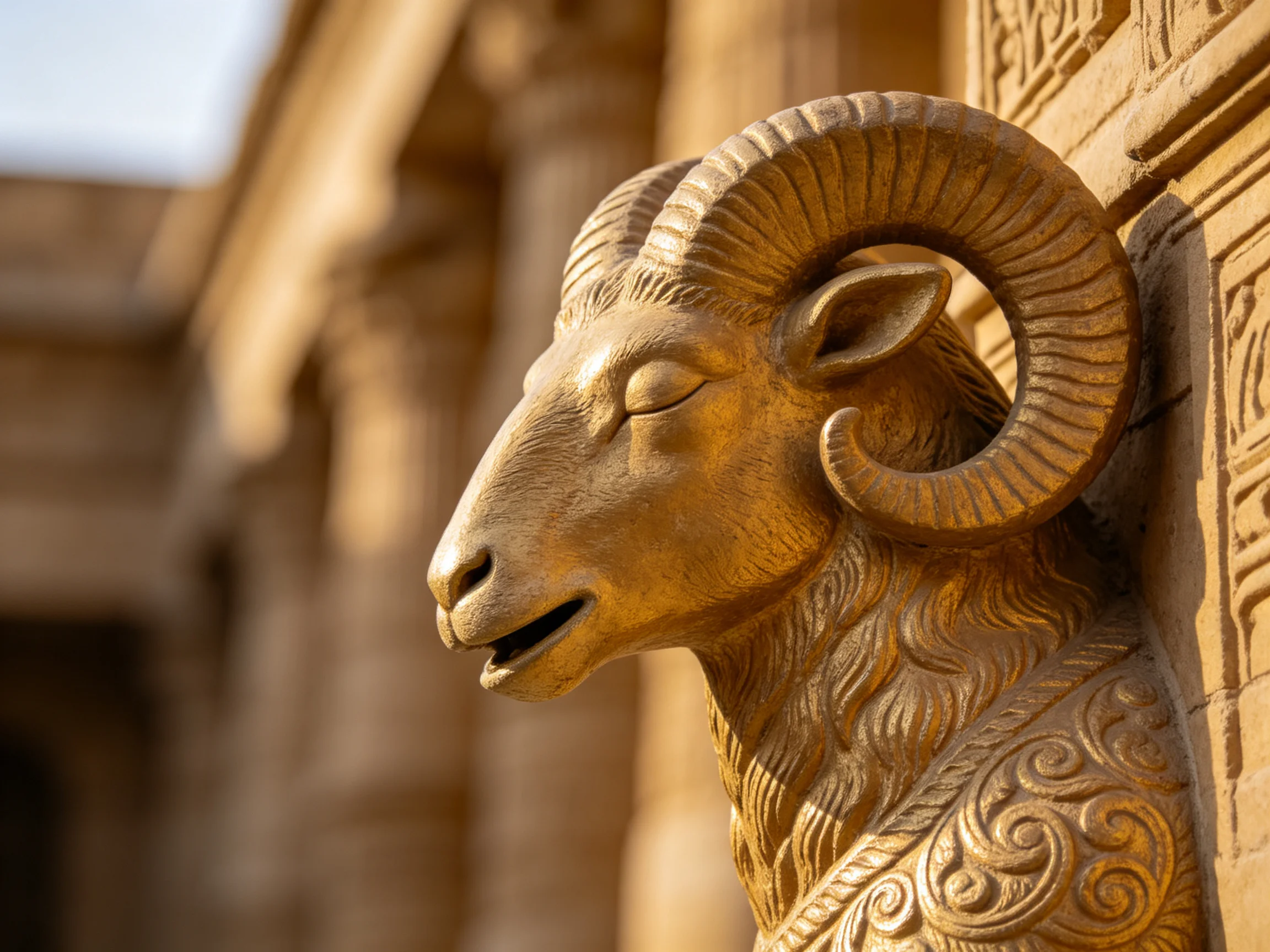 Golden ram sculpture adorning ancient stone architecture