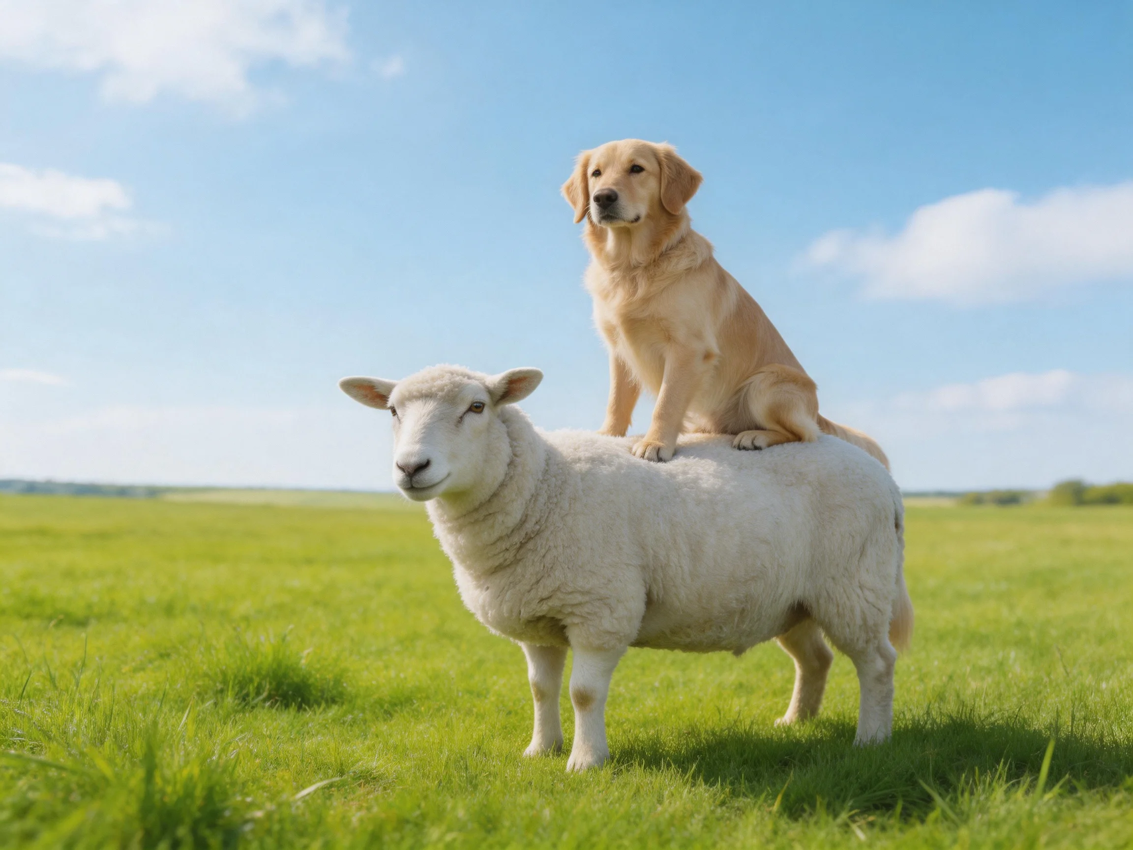Golden retriever perches on white sheep in sunny green meadow