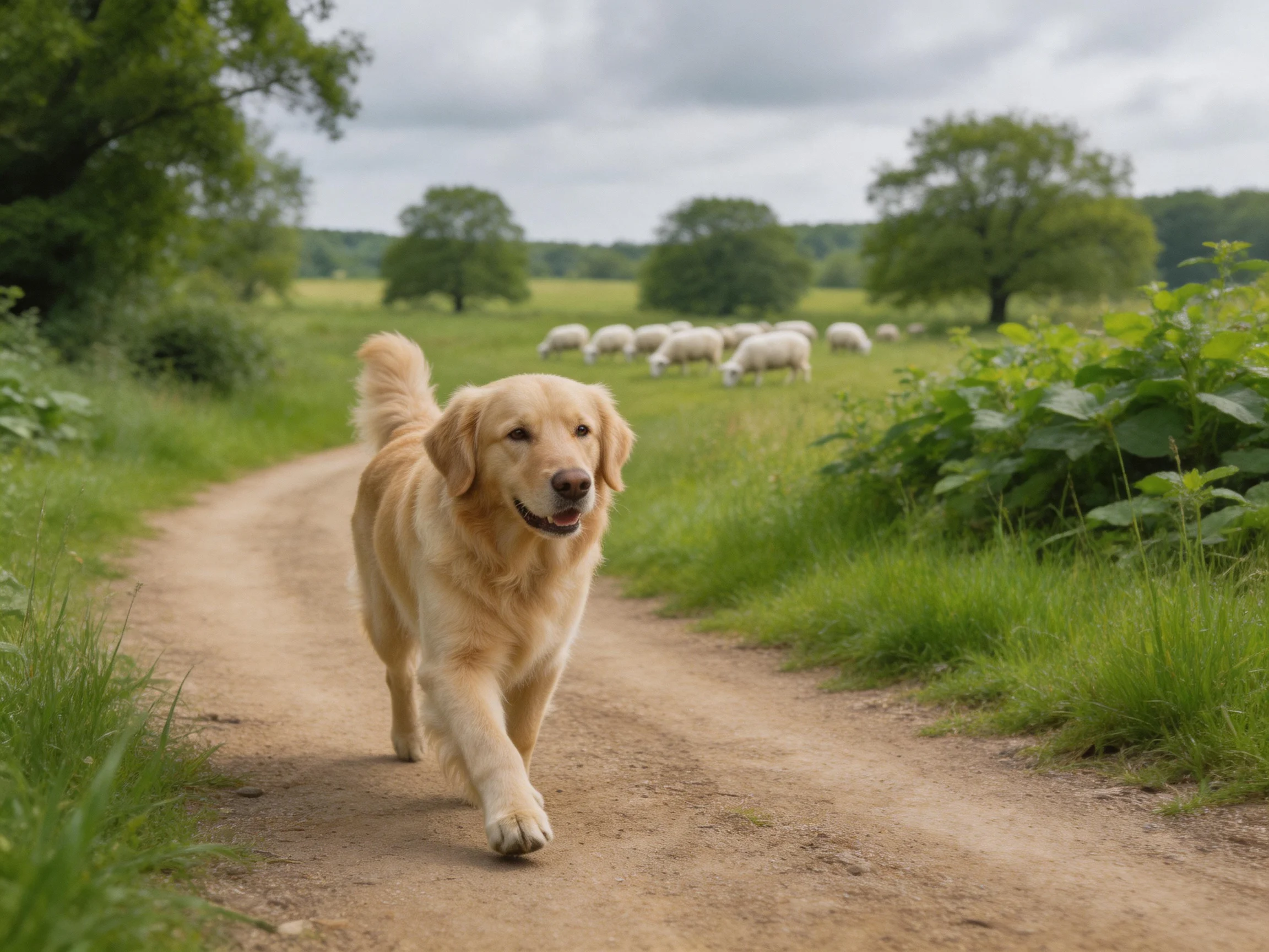 Golden retriever walks dirt path near grazing sheep