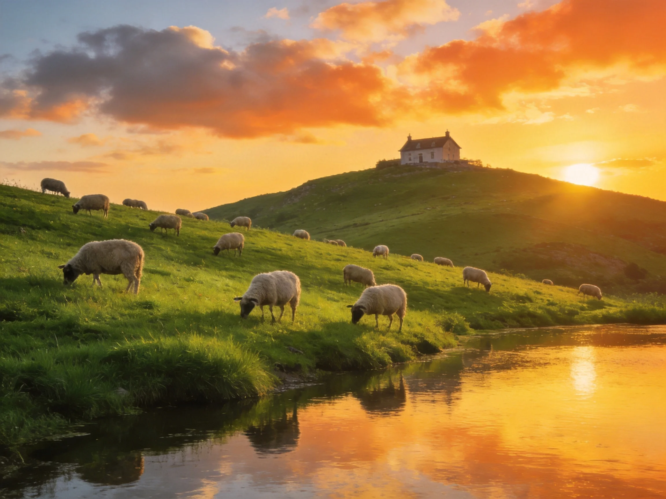 Golden sunset illuminates a green hillside with sheep grazing by a river