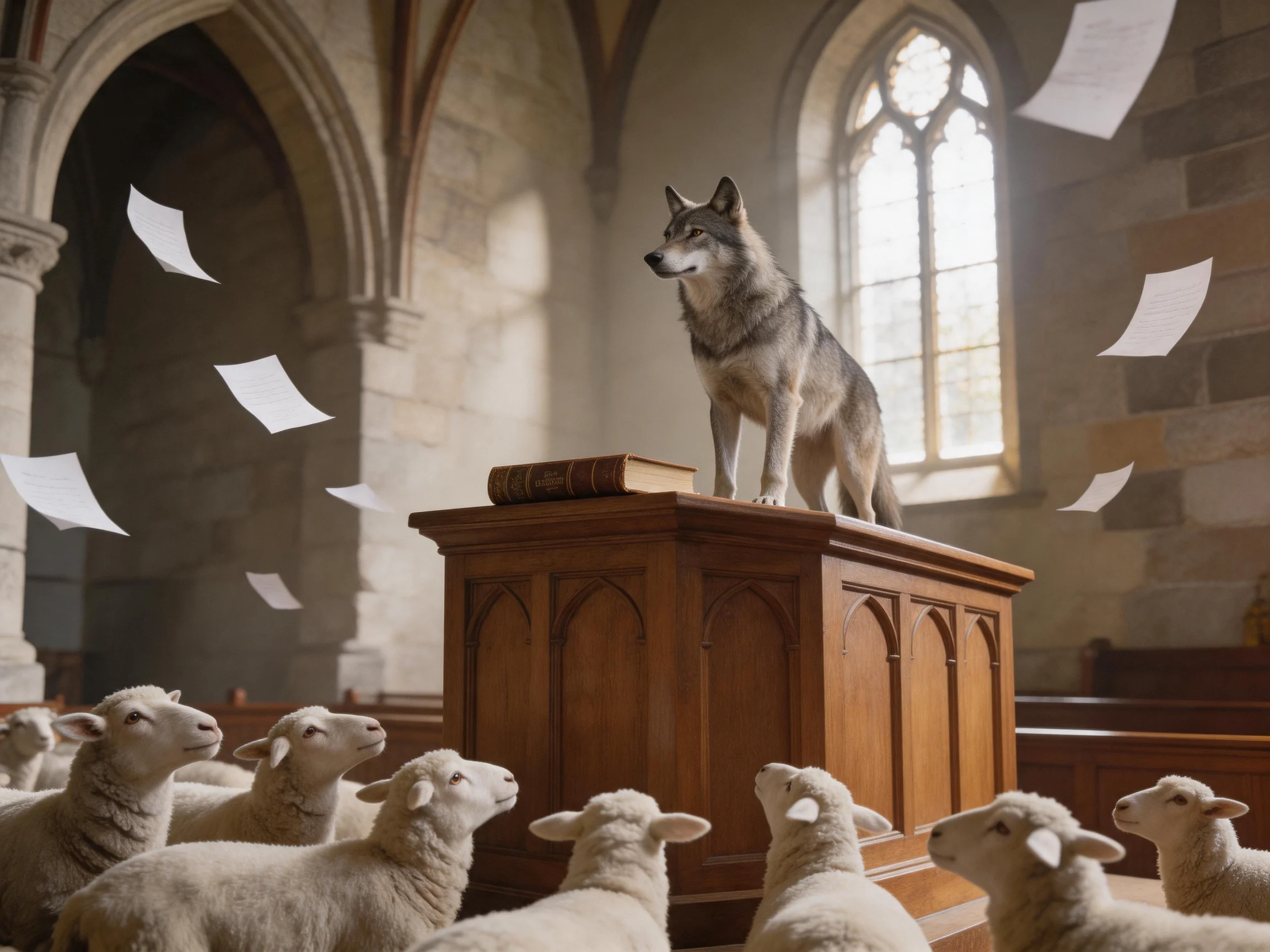 Gray wolf atop wooden pulpit with sheep in stone church