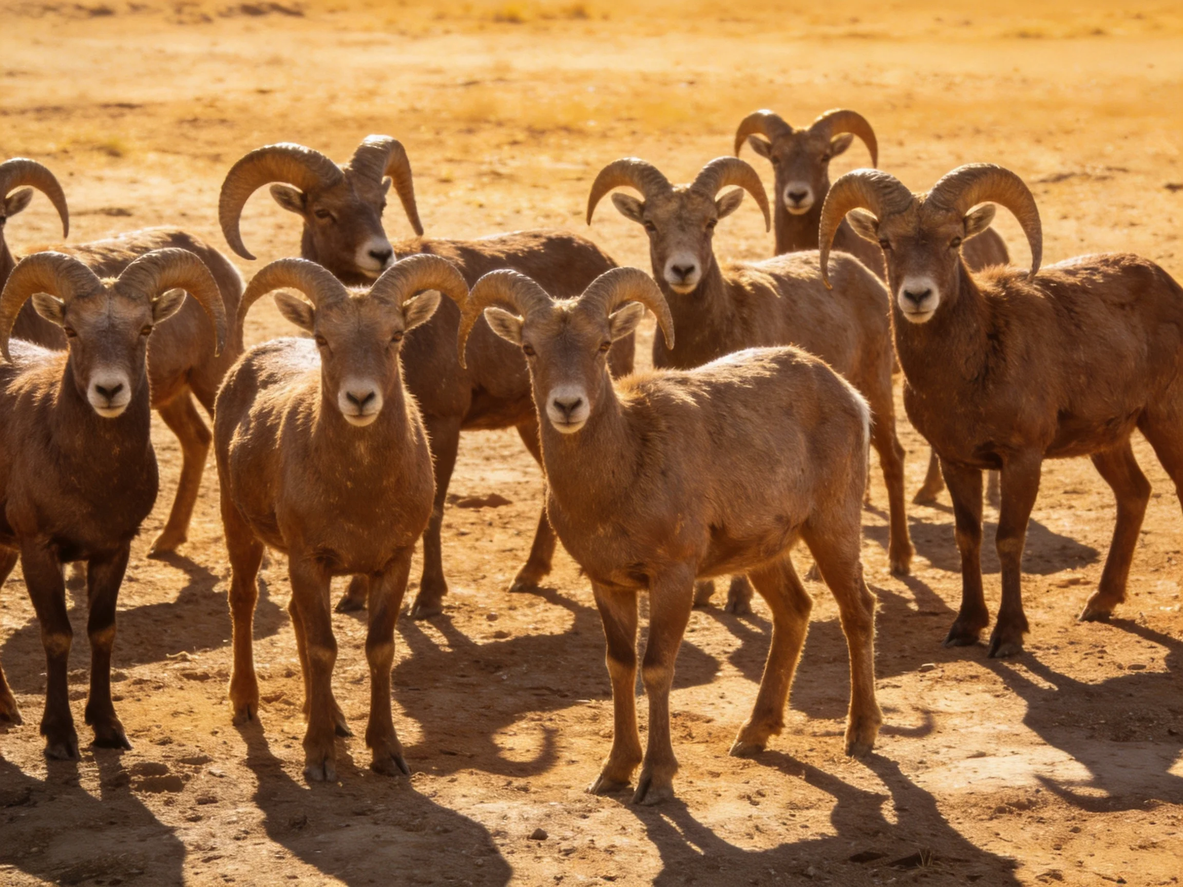 Group of brown bighorn sheep with large curved horns