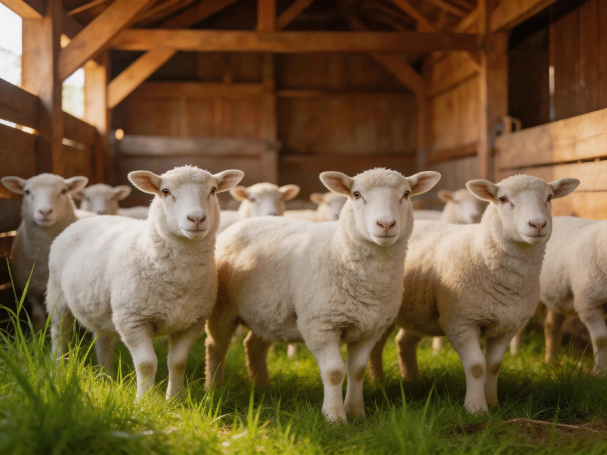 Group of fluffy white lambs near a rustic wooden barn