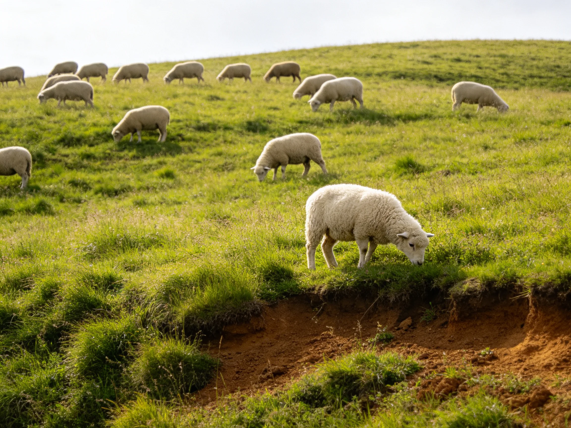 Group of sheep graze on a verdant rolling hillside