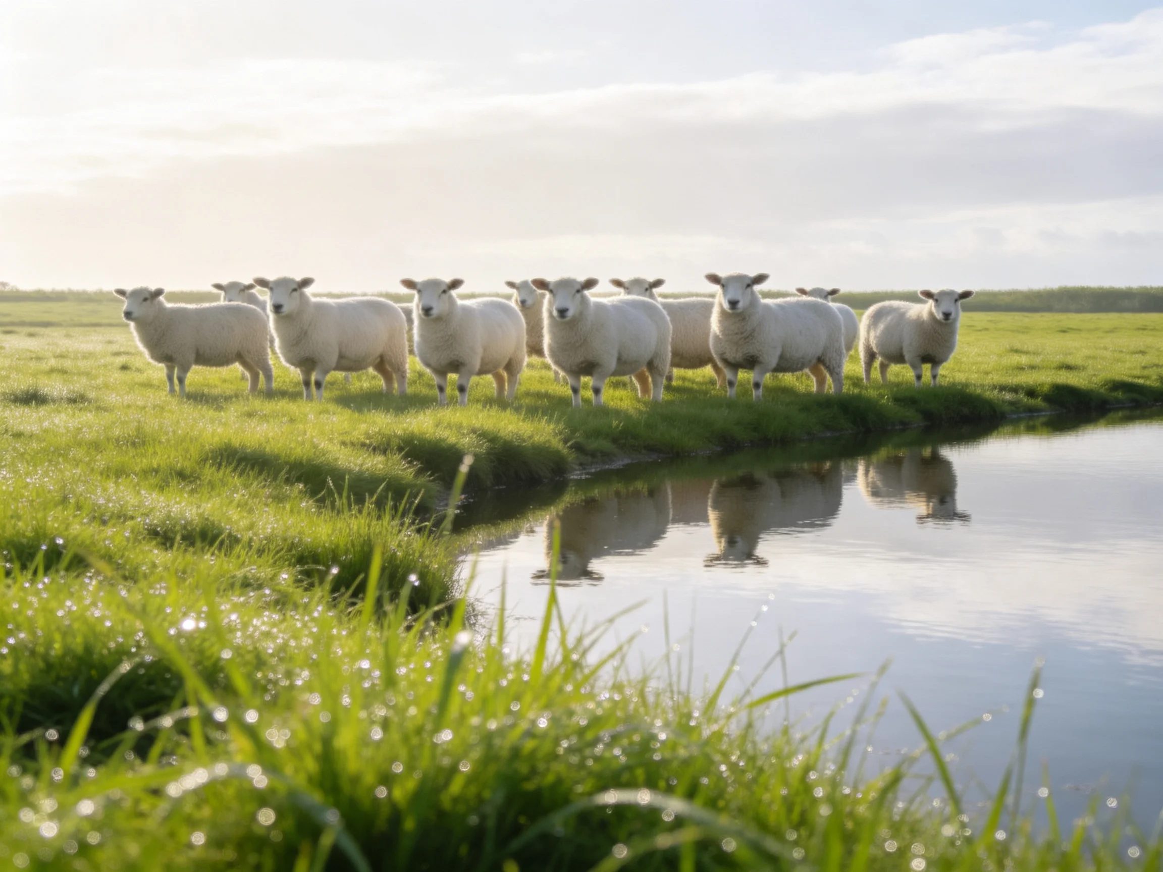 Group of white sheep near calm waterway with green grass