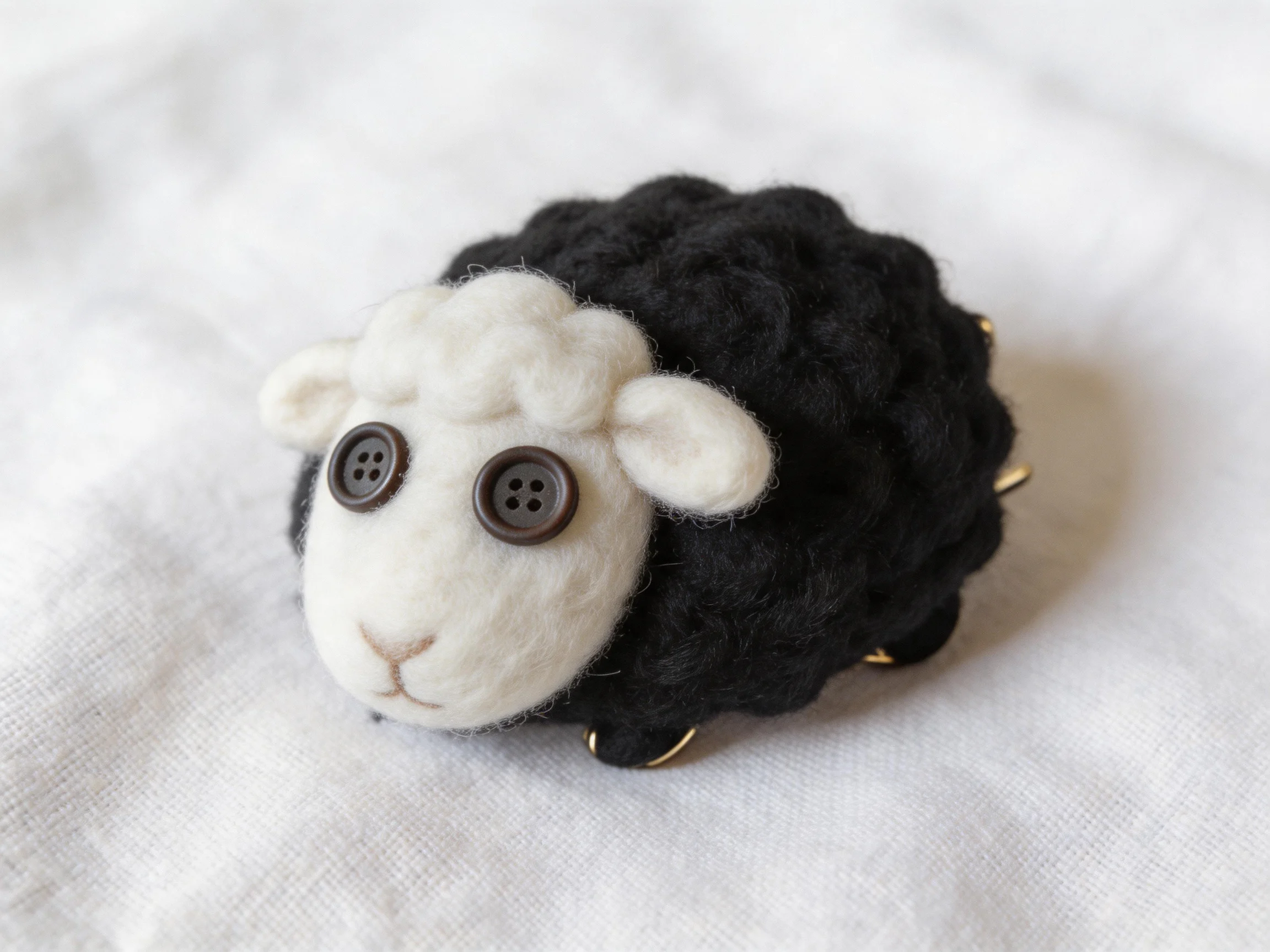 Handcrafted black and white wool sheep figurine with button eyes