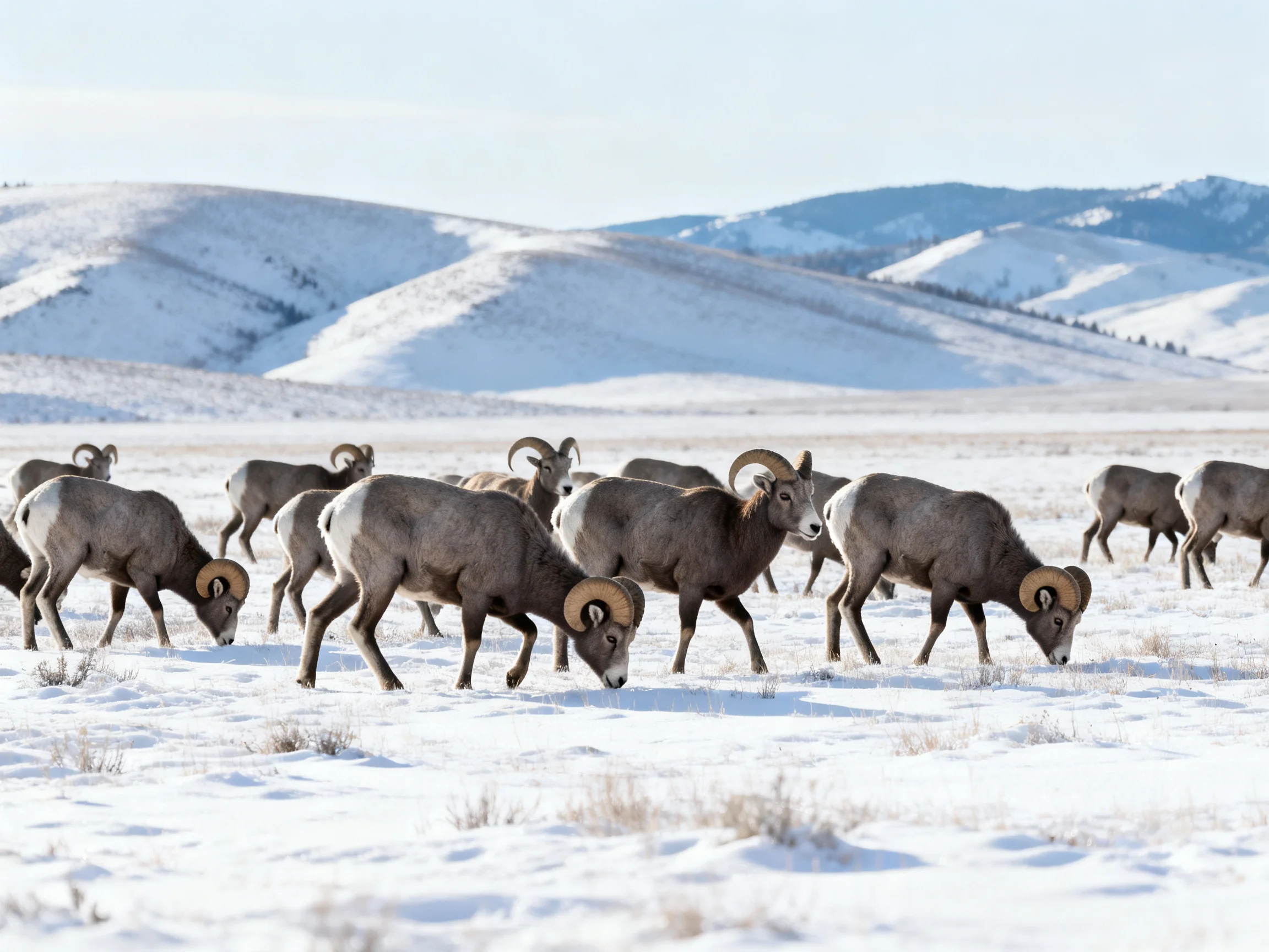 Herd of Bighorn Sheep Grazing in Snowy Mountainous Landscape