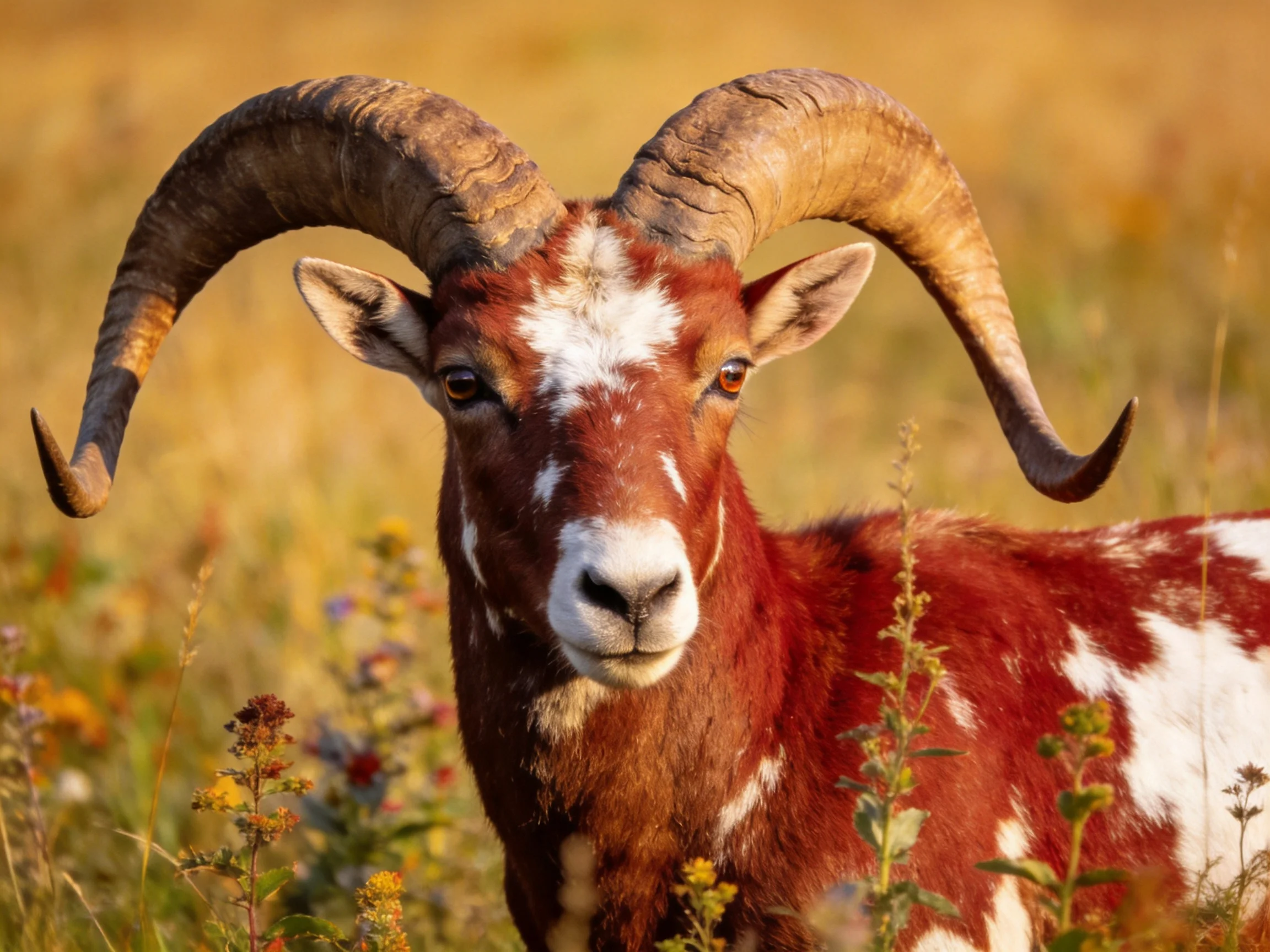 Horned goat with brown and white patches in golden meadow