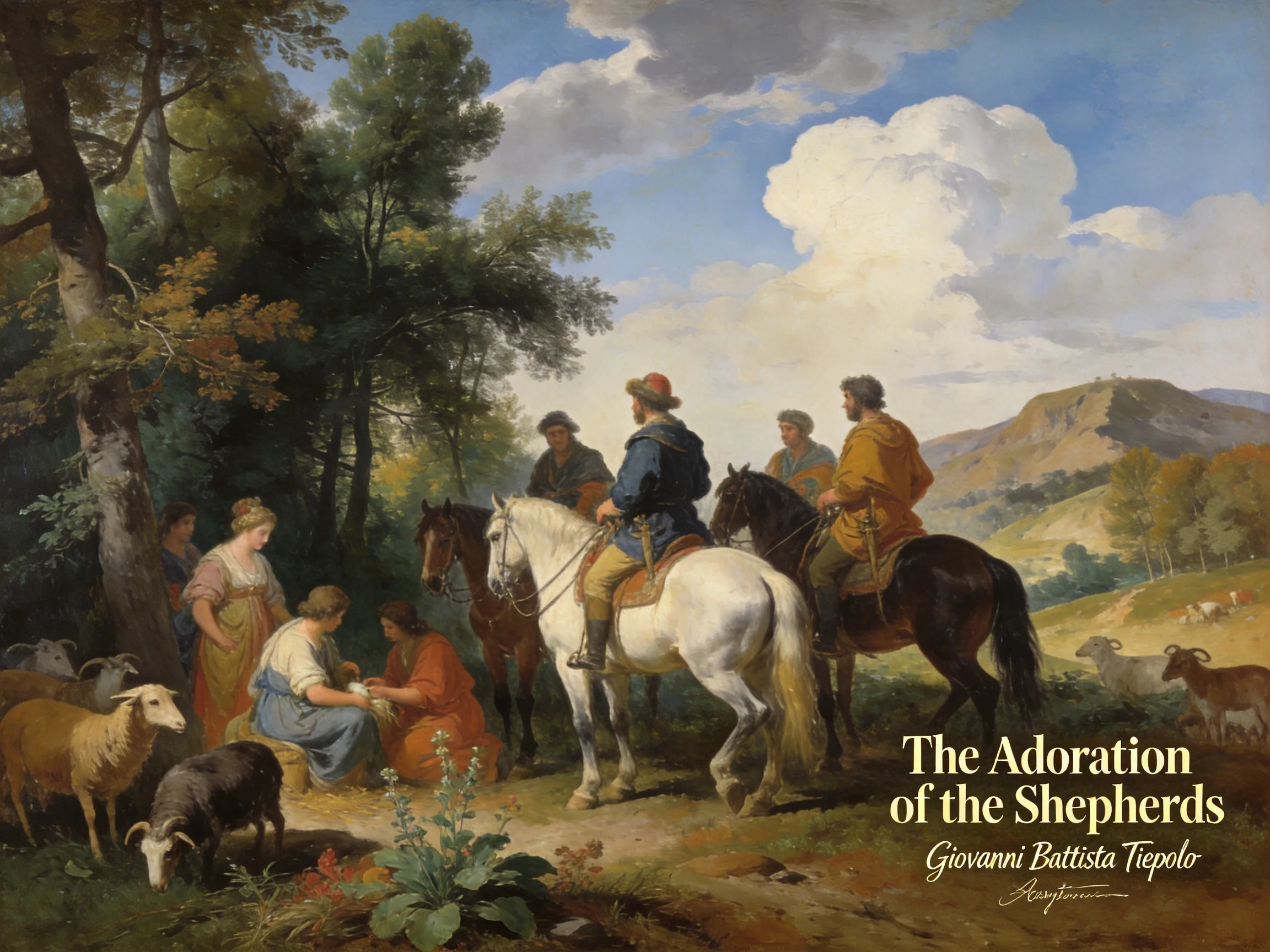 Horsemen and shepherds gather near kneeling figures with livestock