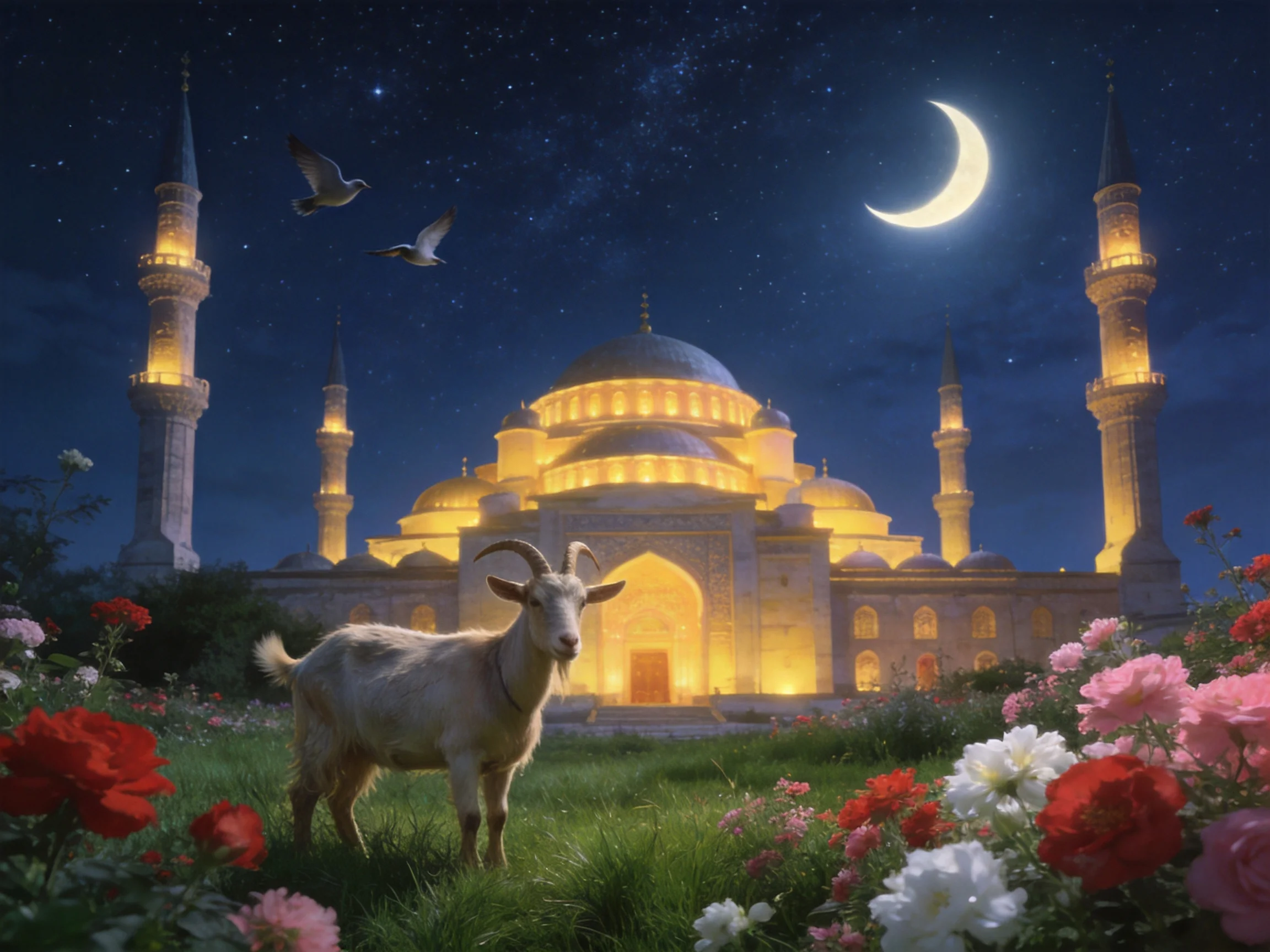 Illuminated mosque with goat, flowers, and crescent moon sky