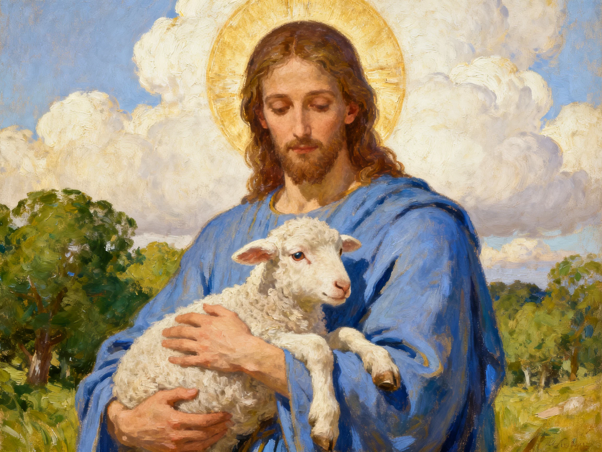 Jesus holding a lamb with golden halo in pastoral landscape