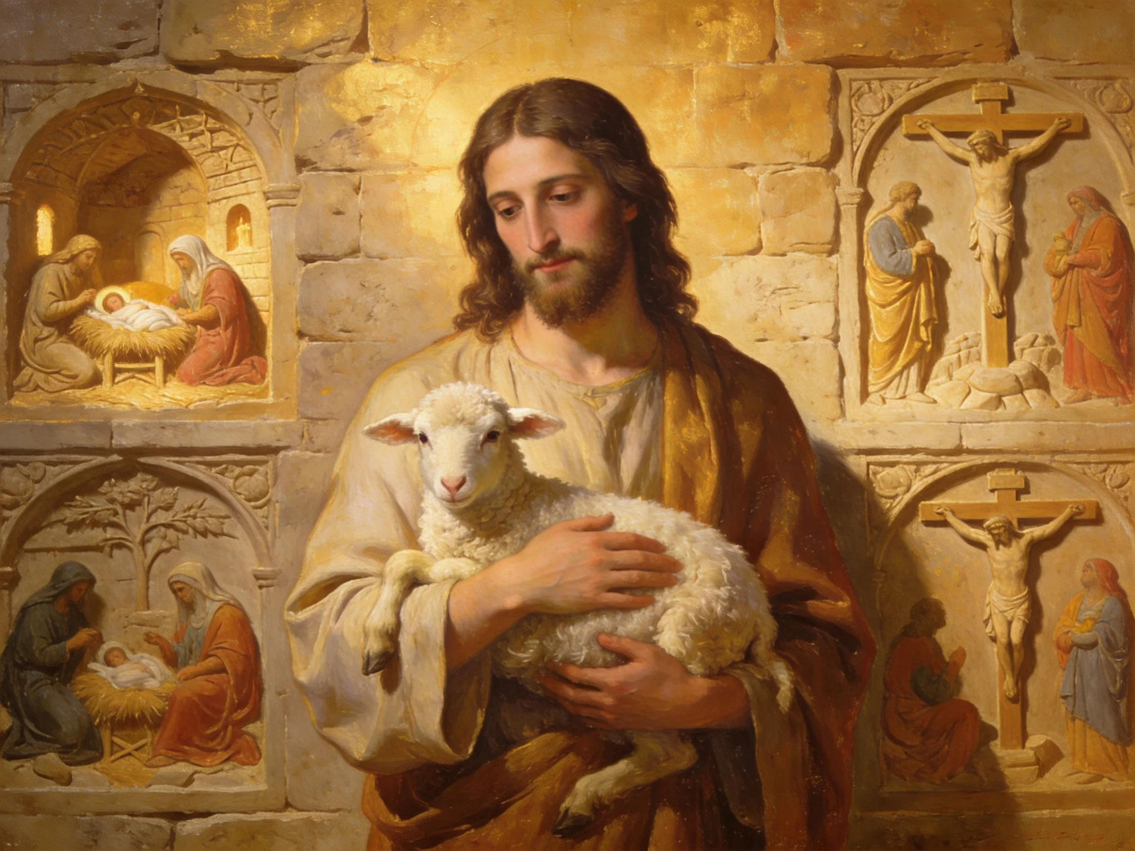 Jesus holds a lamb amid detailed religious carvings in stone niches
