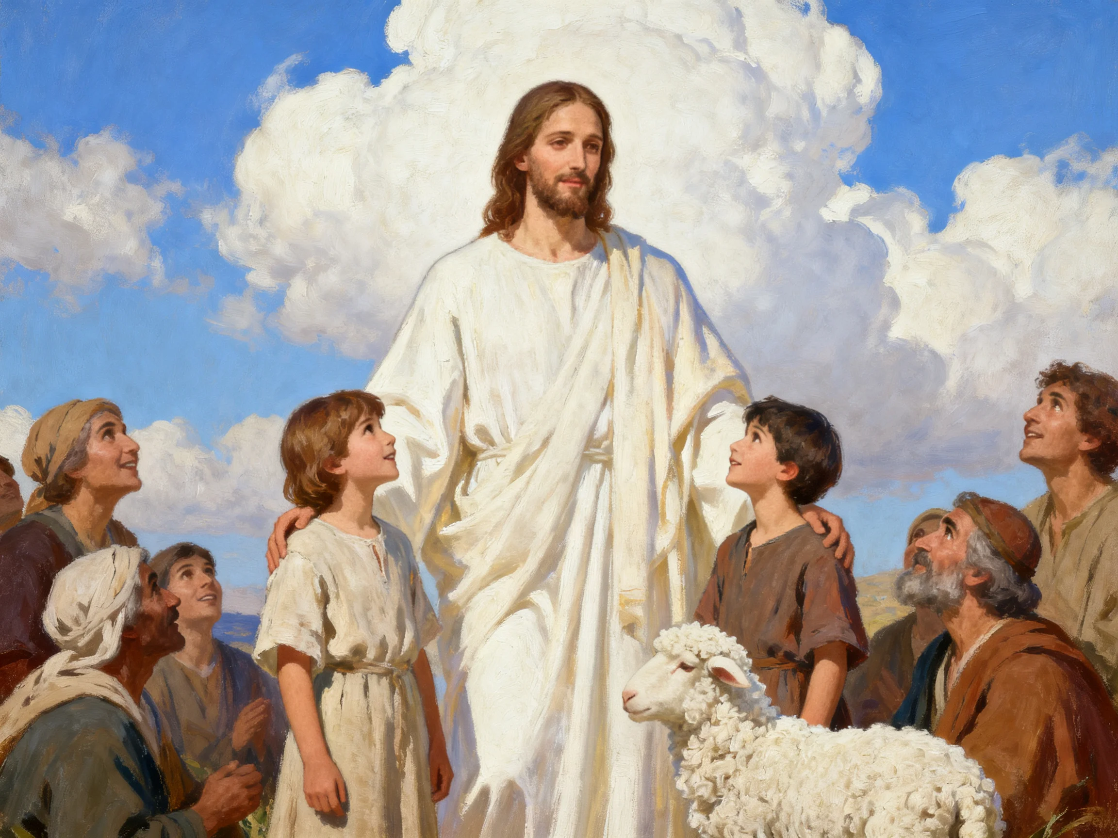 Jesus stands among followers and a sheep in a peaceful outdoor scene.