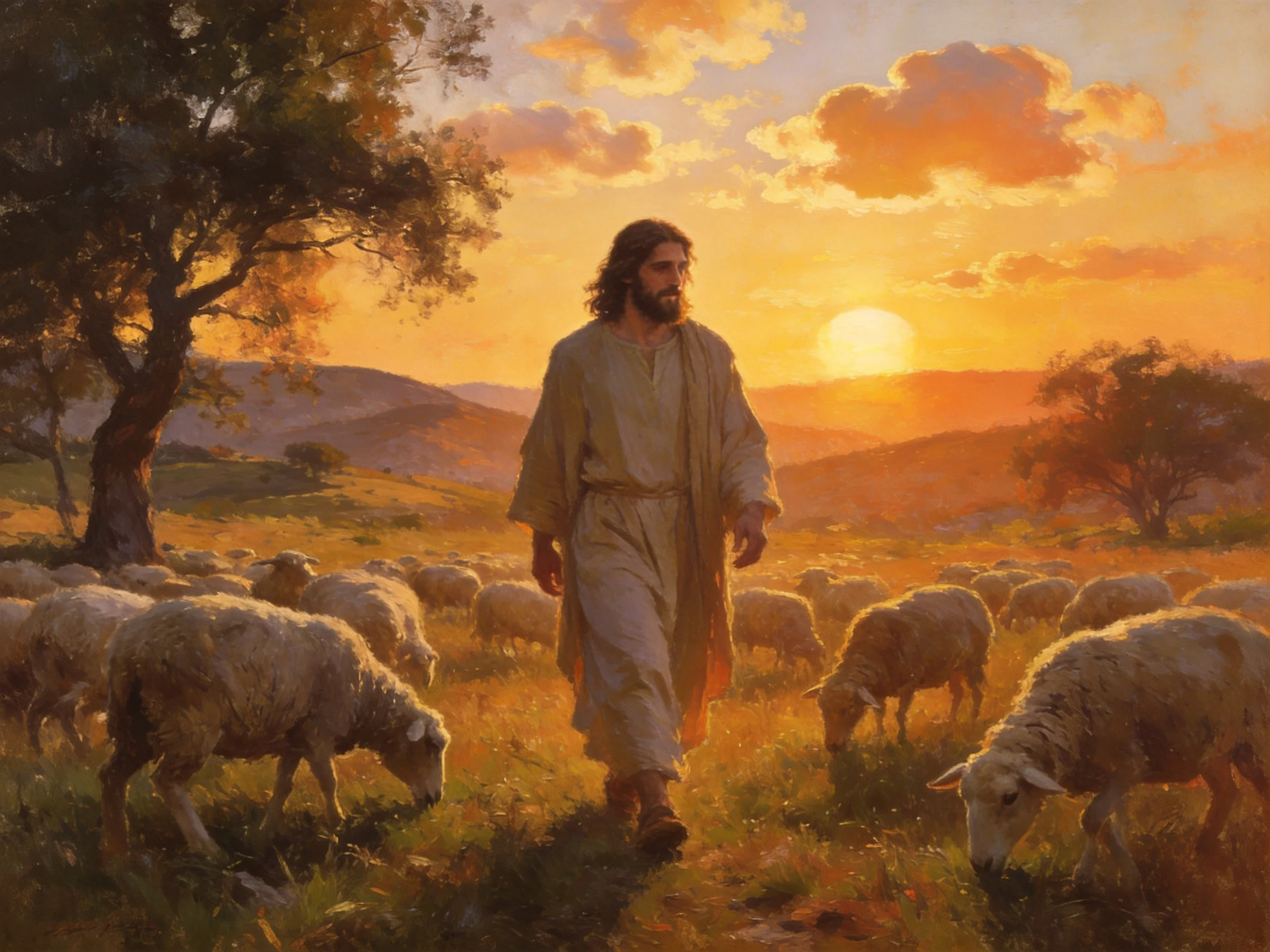 Jesus walking among sheep in golden sunset pastoral landscape