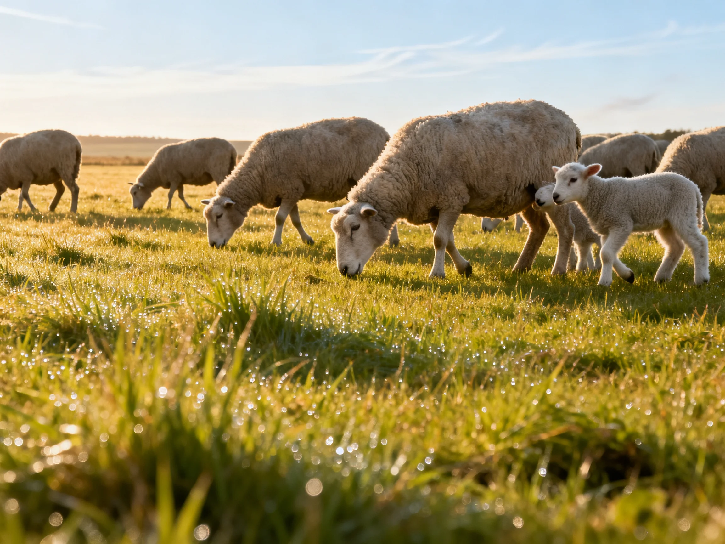 Lambs and adult sheep graze in a dewy, golden meadow