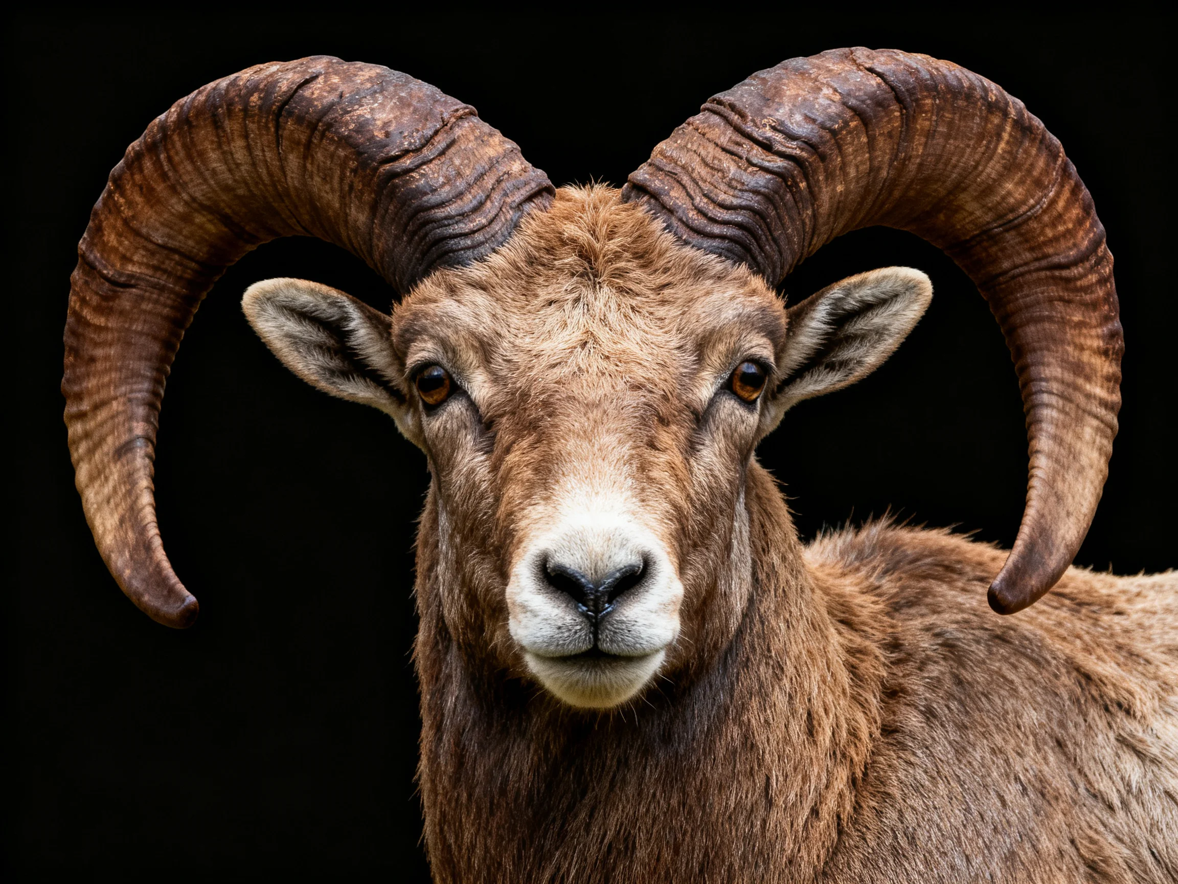 Large curved horns adorn a brown mountain goat with textured fur