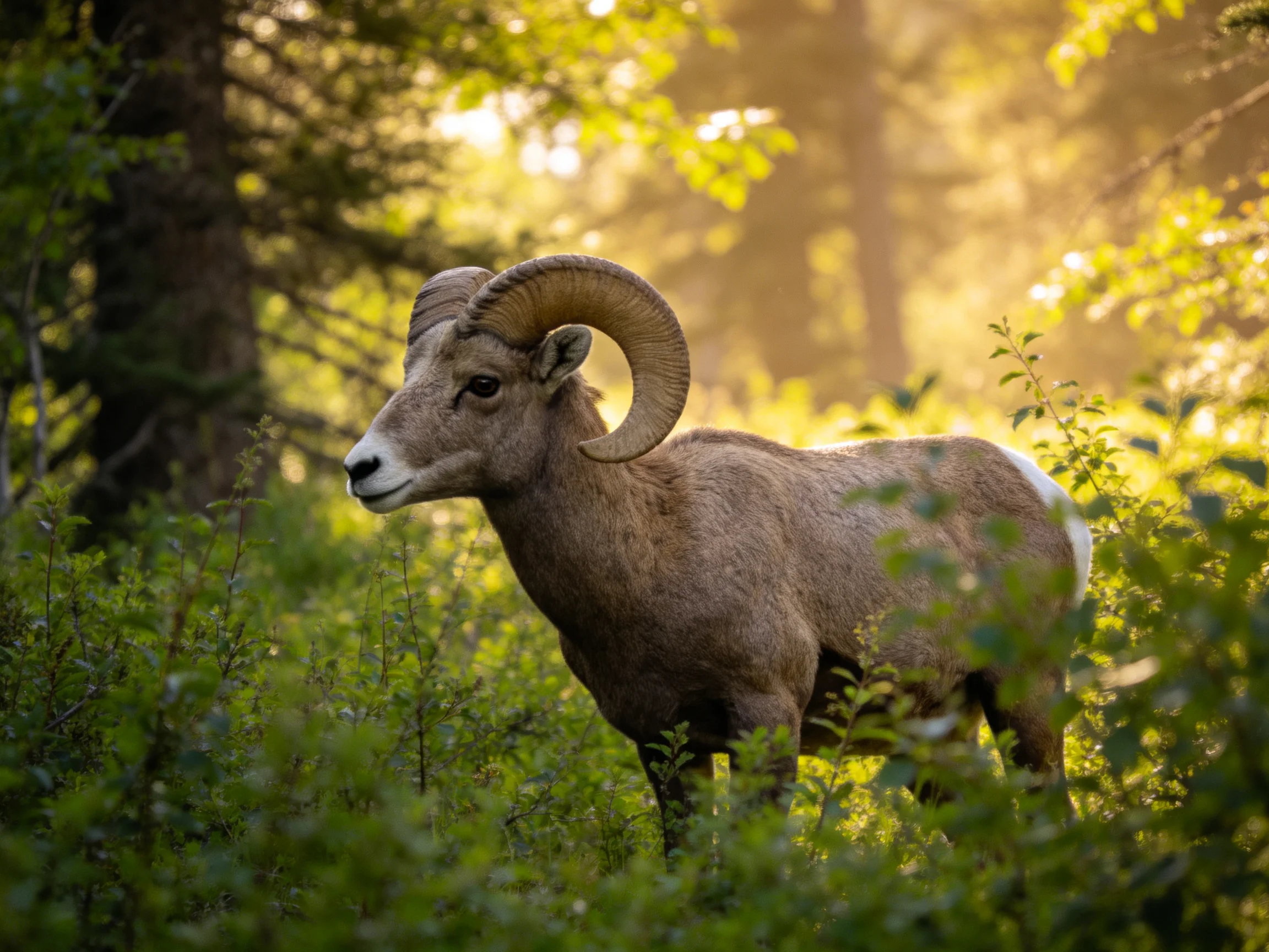 Large horned animal in sunlit forest with dense greenery