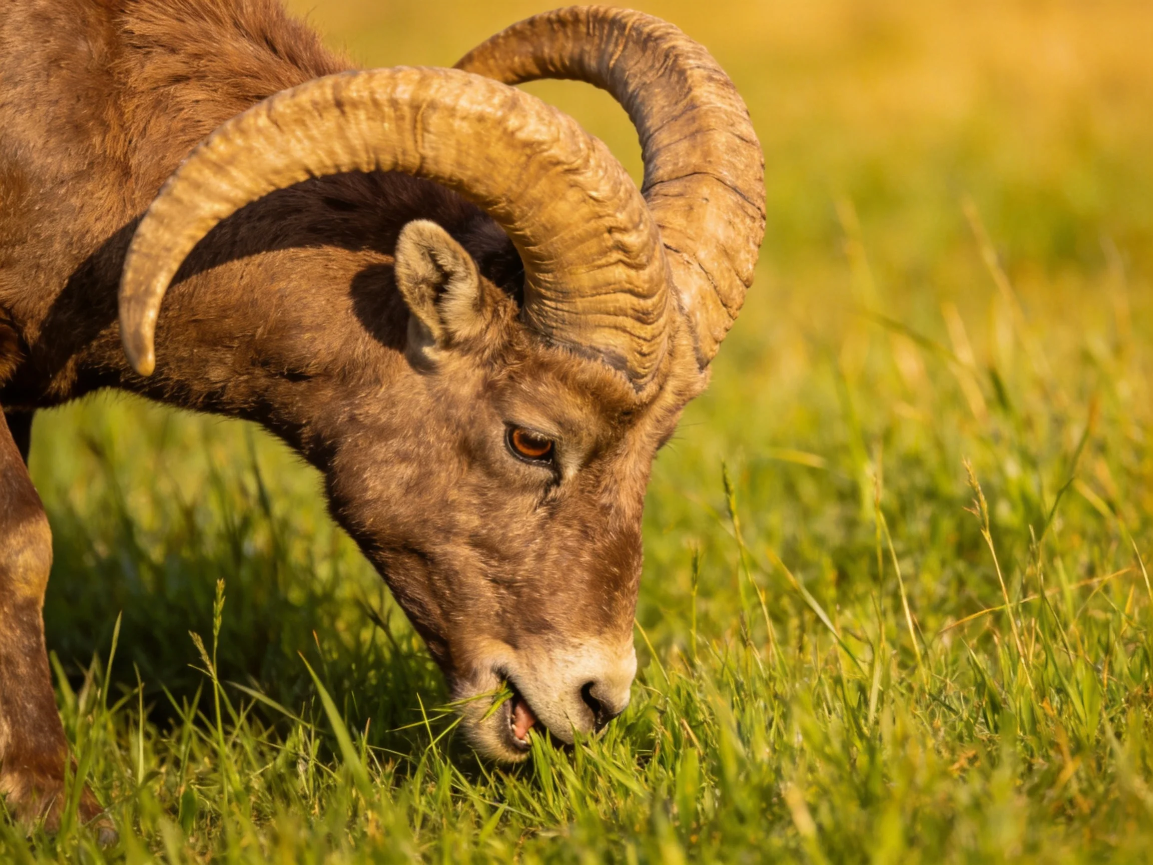 Large-horned brown ram grazing in lush green meadow