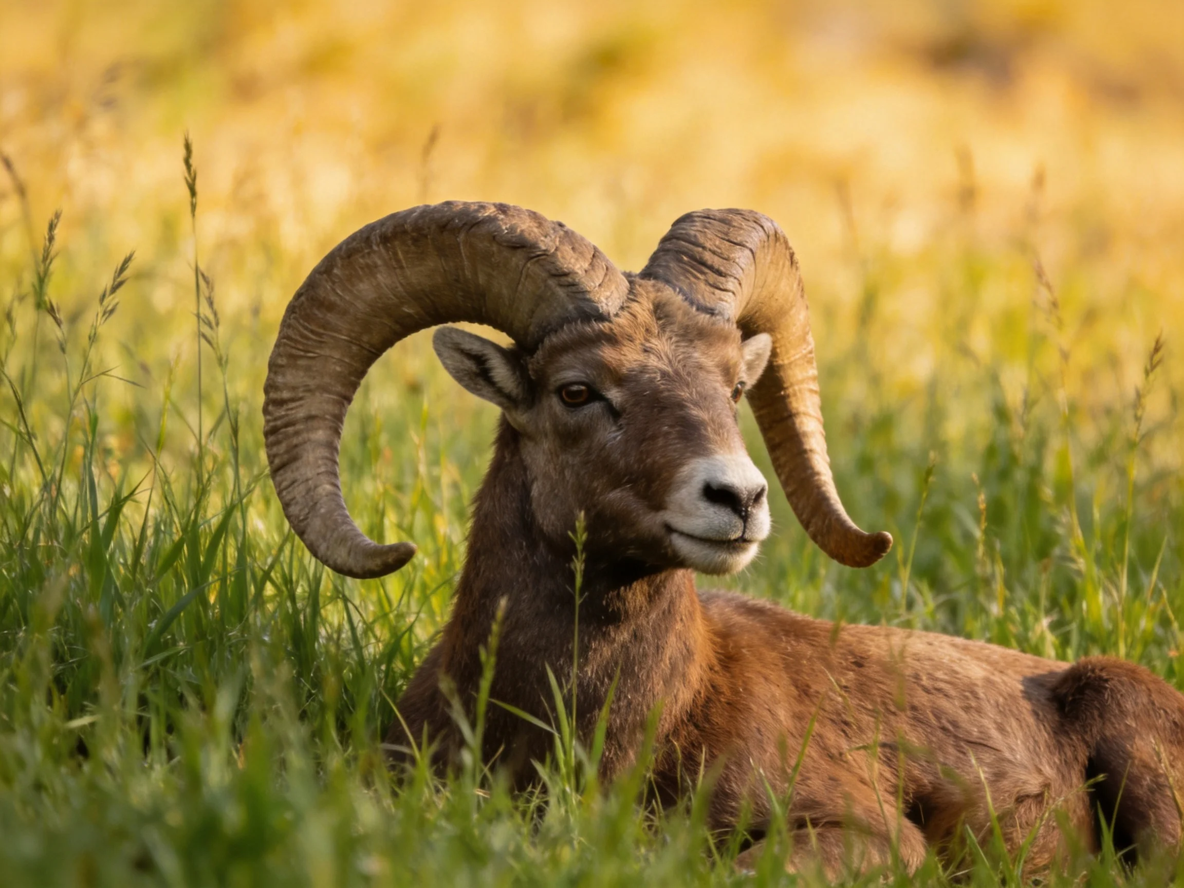 Large-horned brown ram resting in golden-green grass