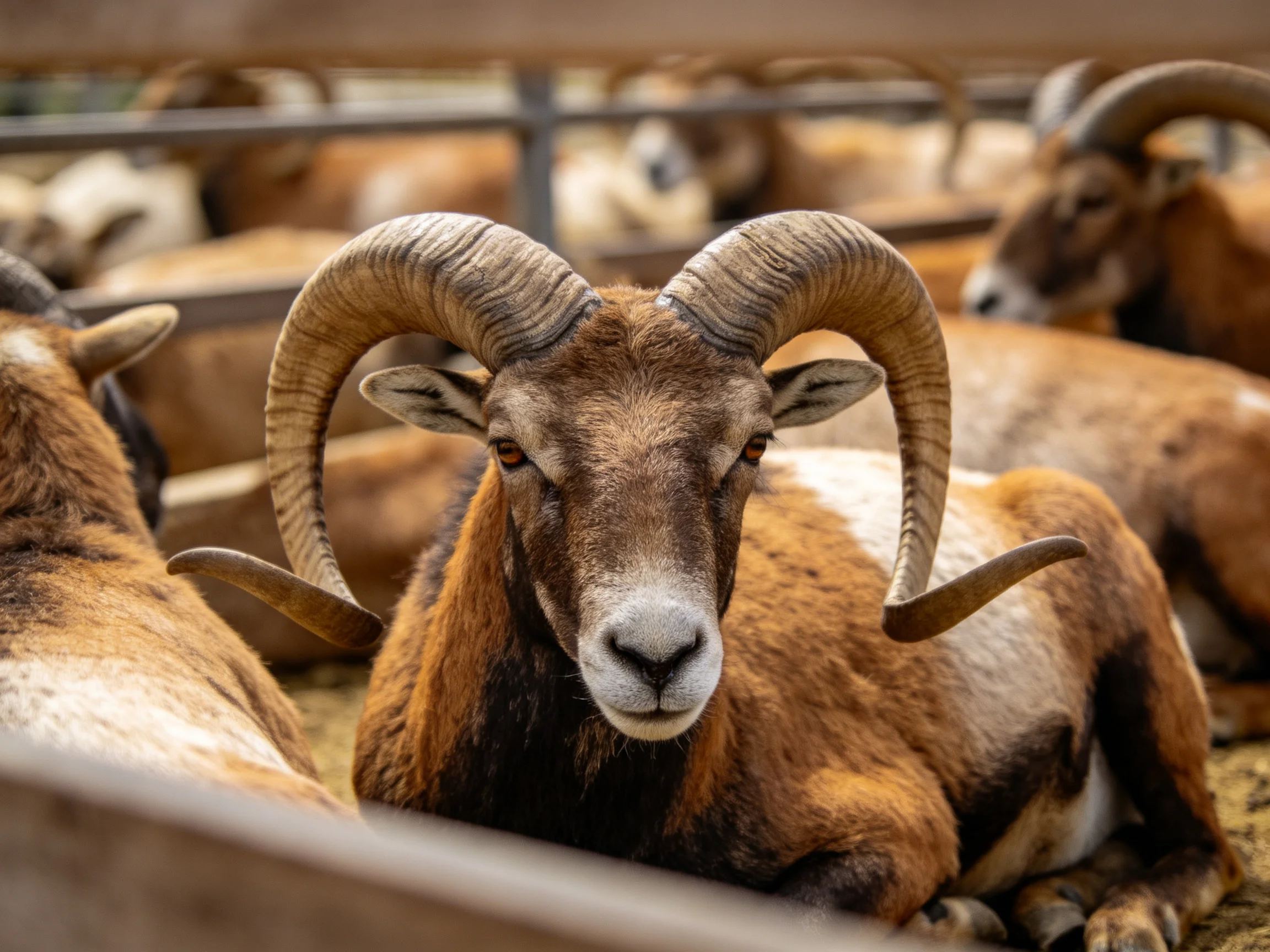 Large-horned brown sheep resting in an enclosure