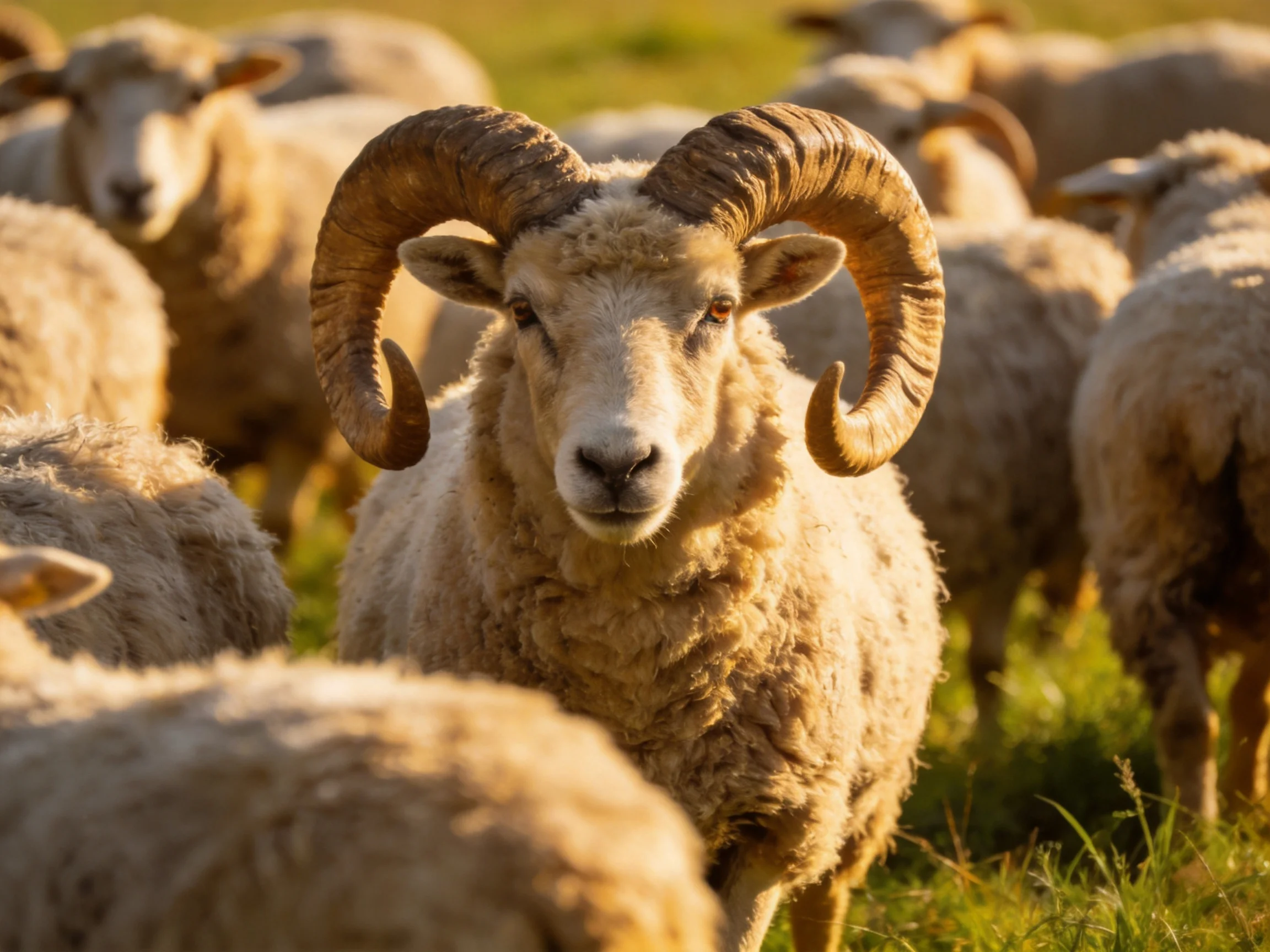 Large-horned ram among sheep in sunlit pasture