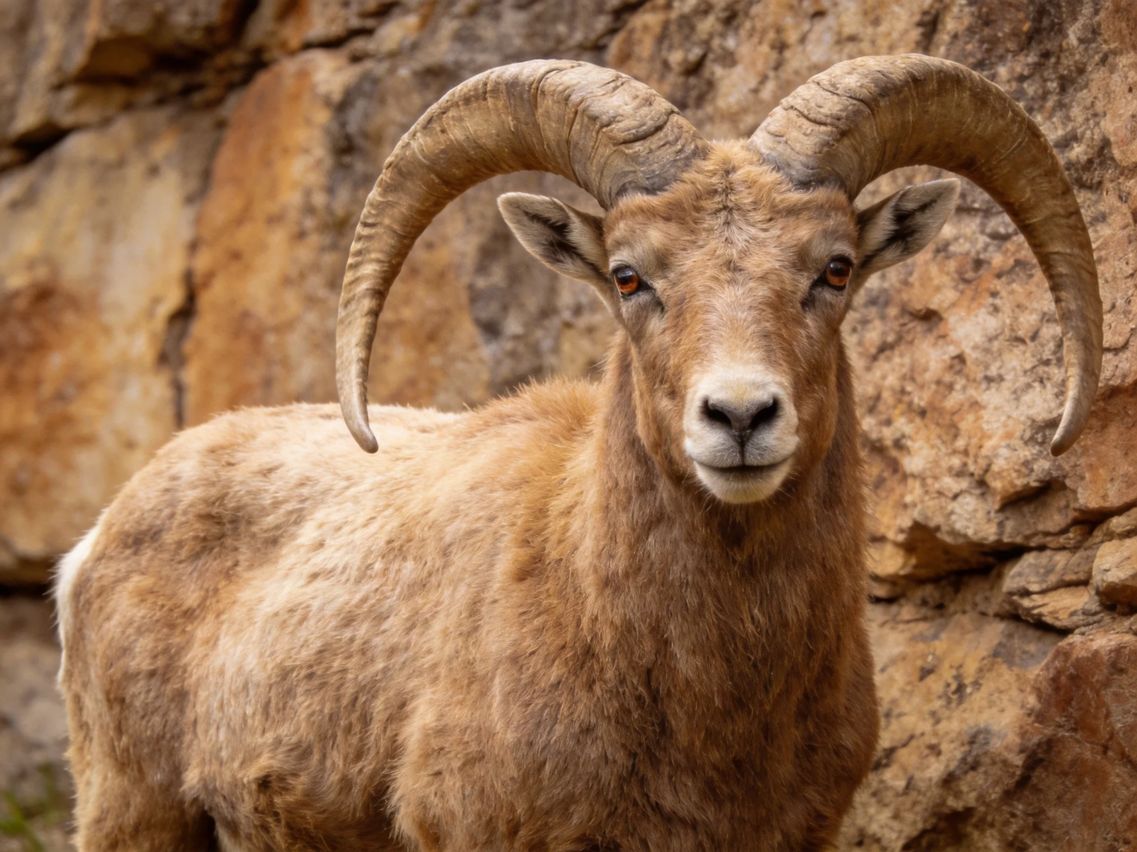 Large-horned ram with brown fur near rugged rock formations