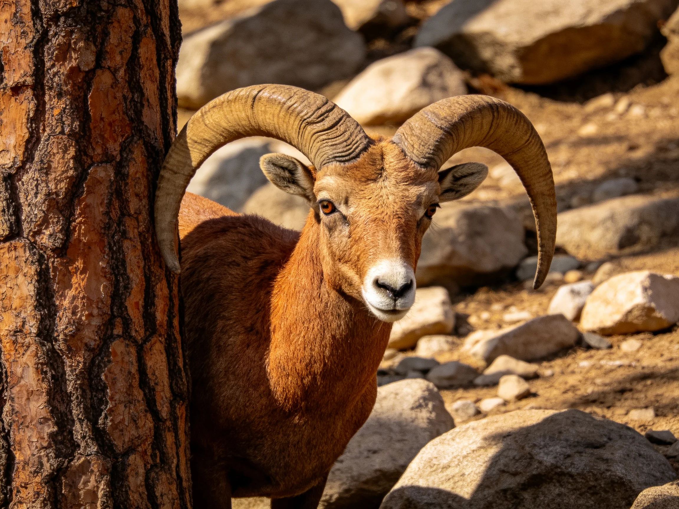 Large horned ram with curved horns near textured pine tree