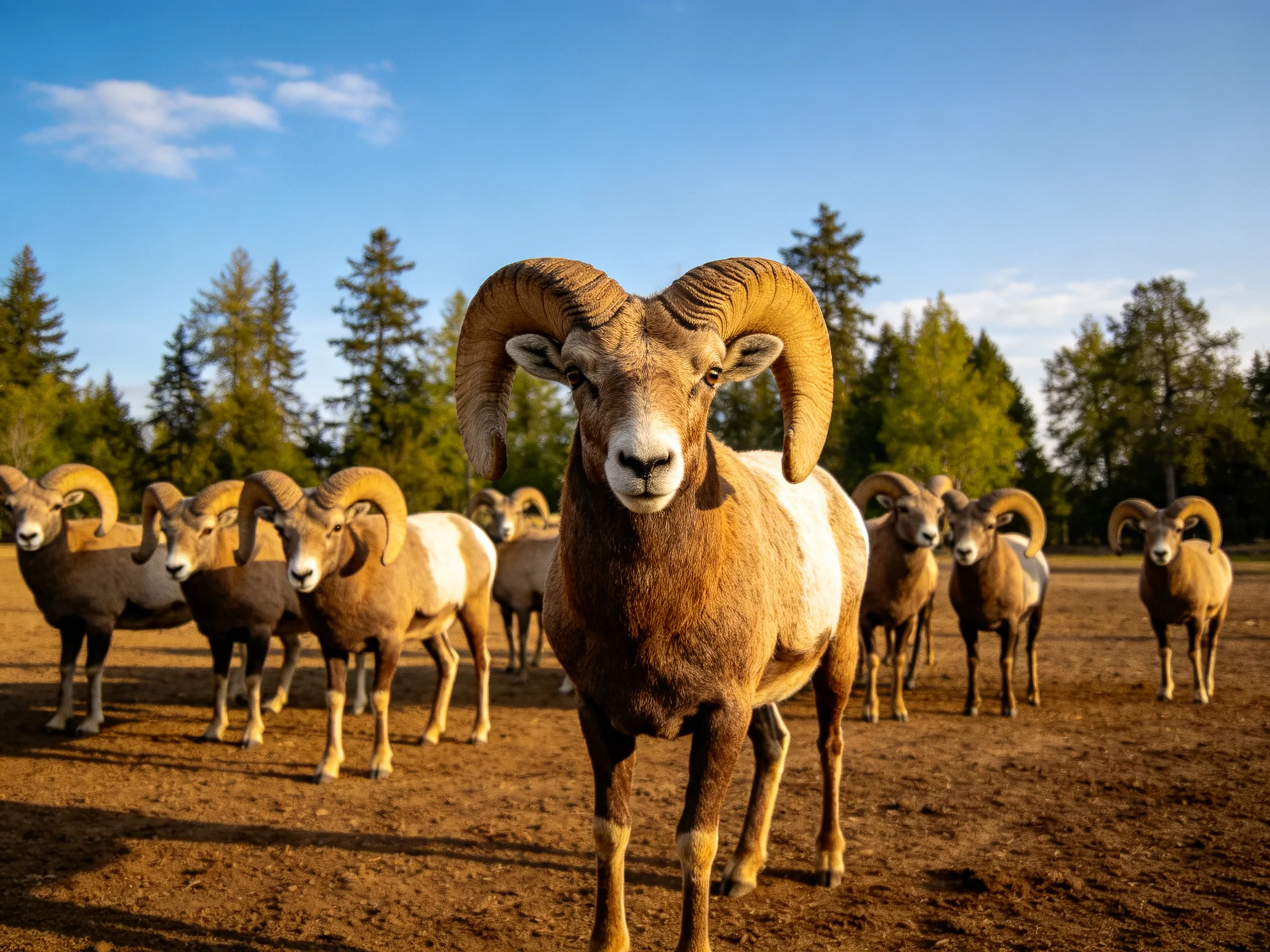 Large-horned rams gather in sunlit open field near forest