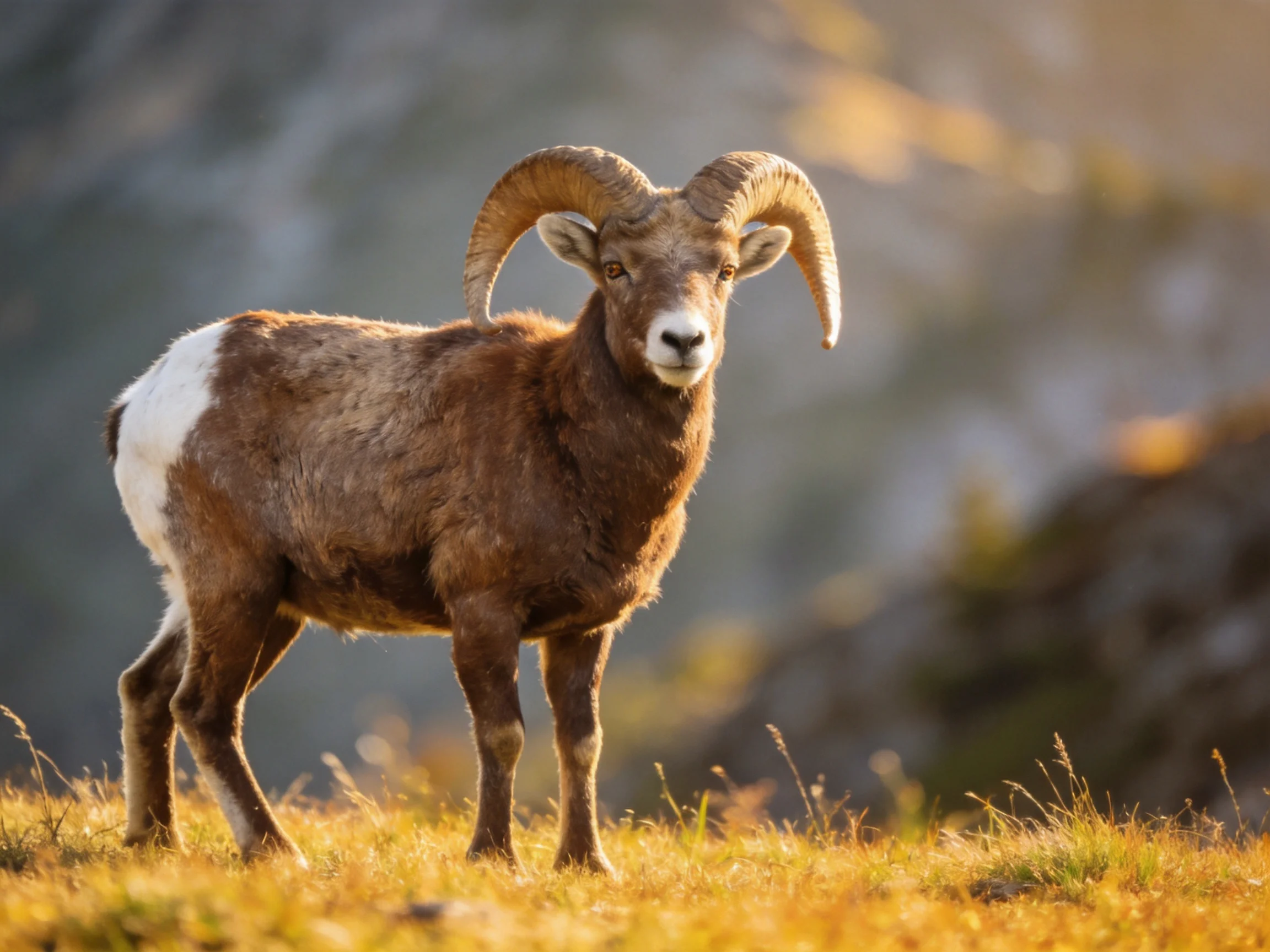 Large horned sheep with brown and white coat on grassy hillside