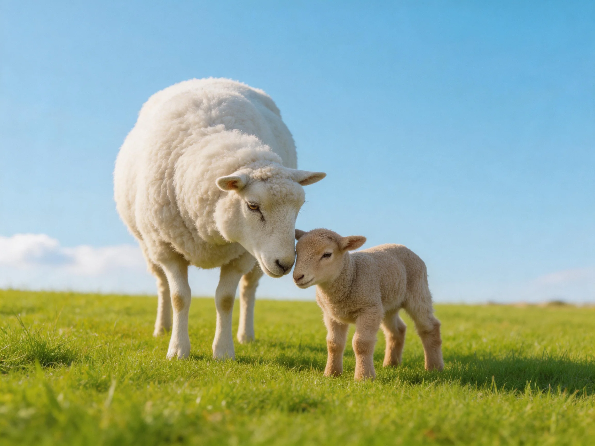 An adult sheep nuzzles a young lamb in a sunny green pasture.