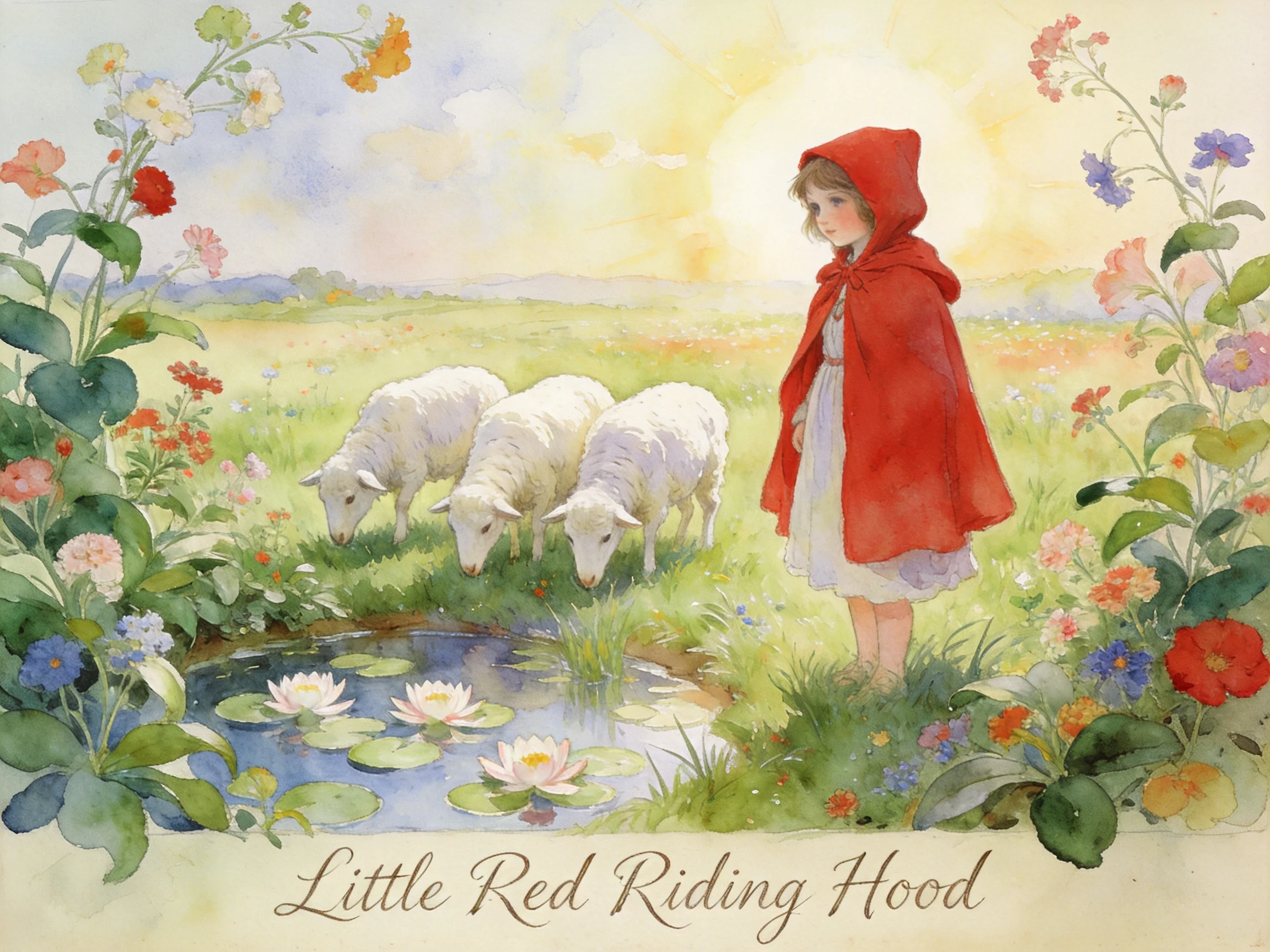 Little Red Riding Hood near three sheep by a flower-filled pond