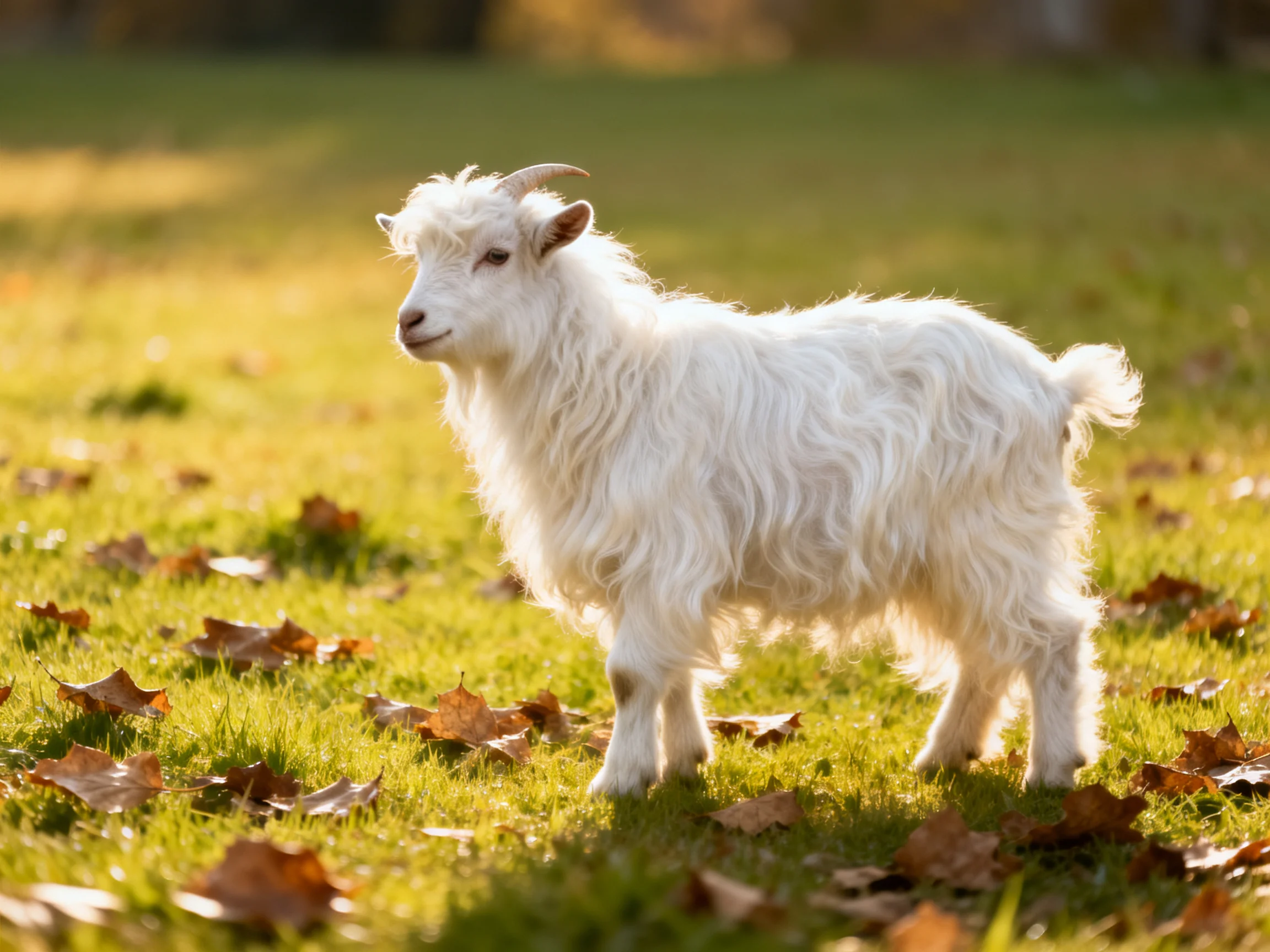 Long-furred white goat on grassy field with scattered leaves