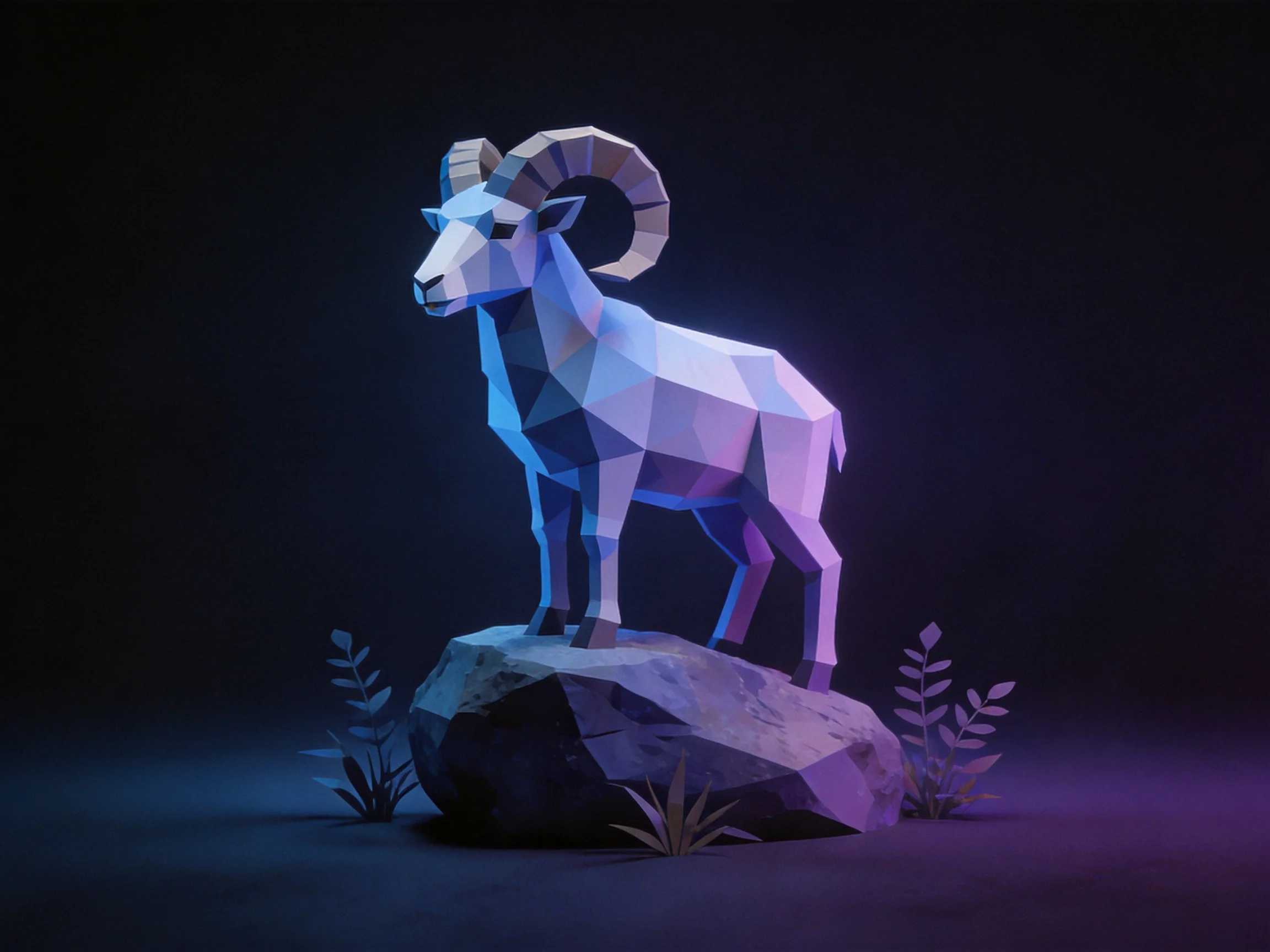 Low - poly goat sculpture on a rock with blue and purple lighting