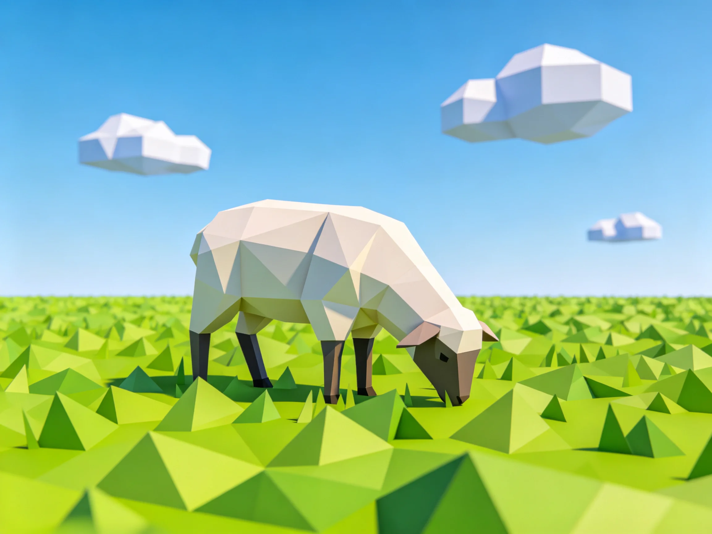 Low-poly sheep grazing in triangular green field with blue sky