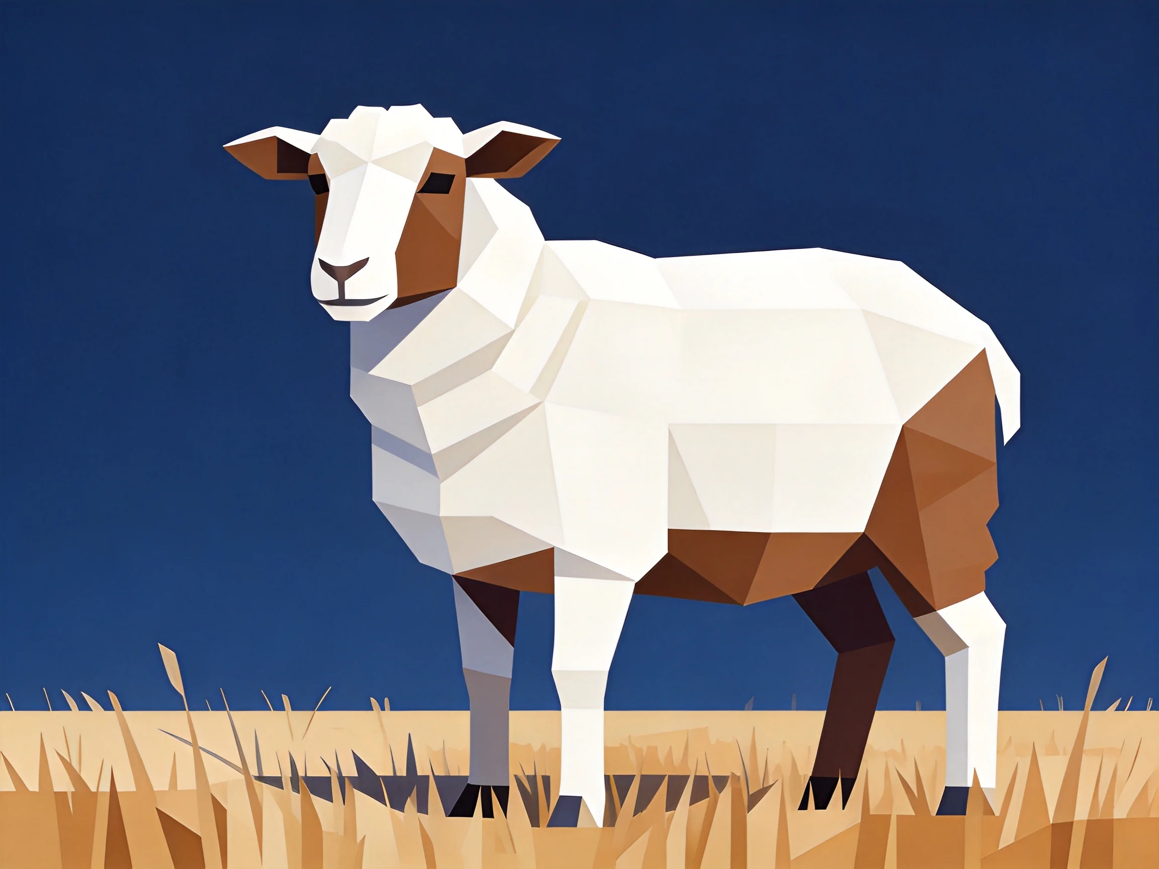 Low-poly styled sheep with white and brown patches on golden grass