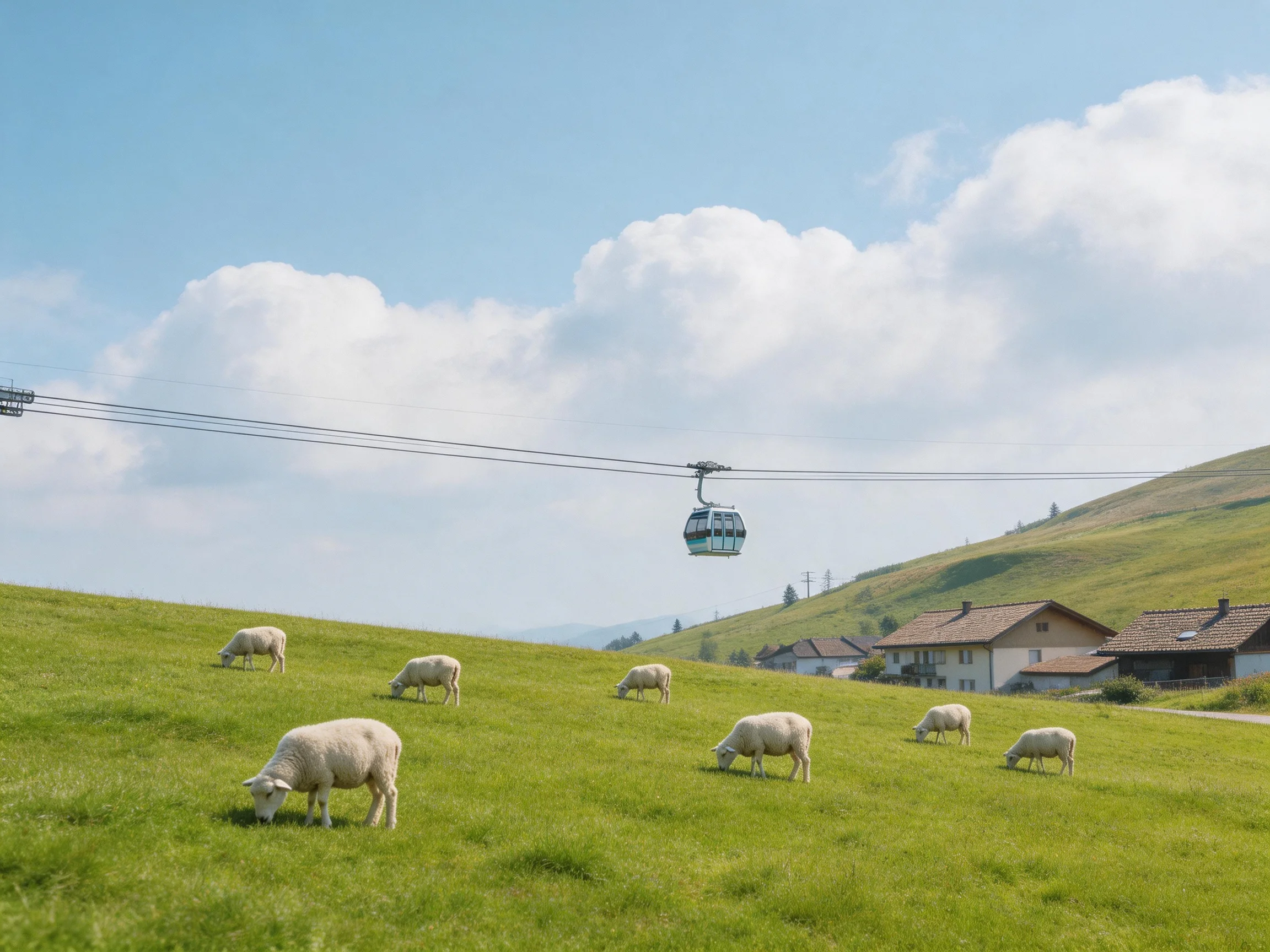 Lush green meadow with grazing sheep, cable car, and rural homes