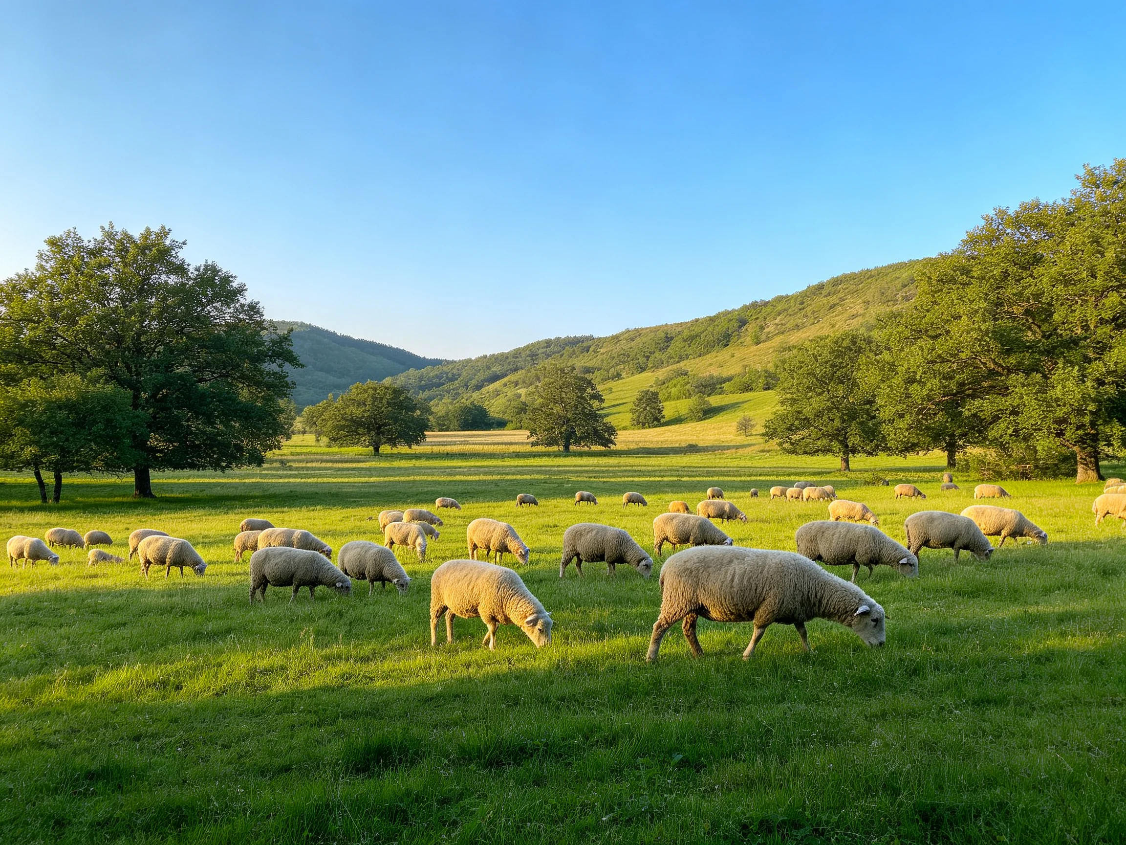 Lush green meadow with numerous sheep grazing near rolling hills