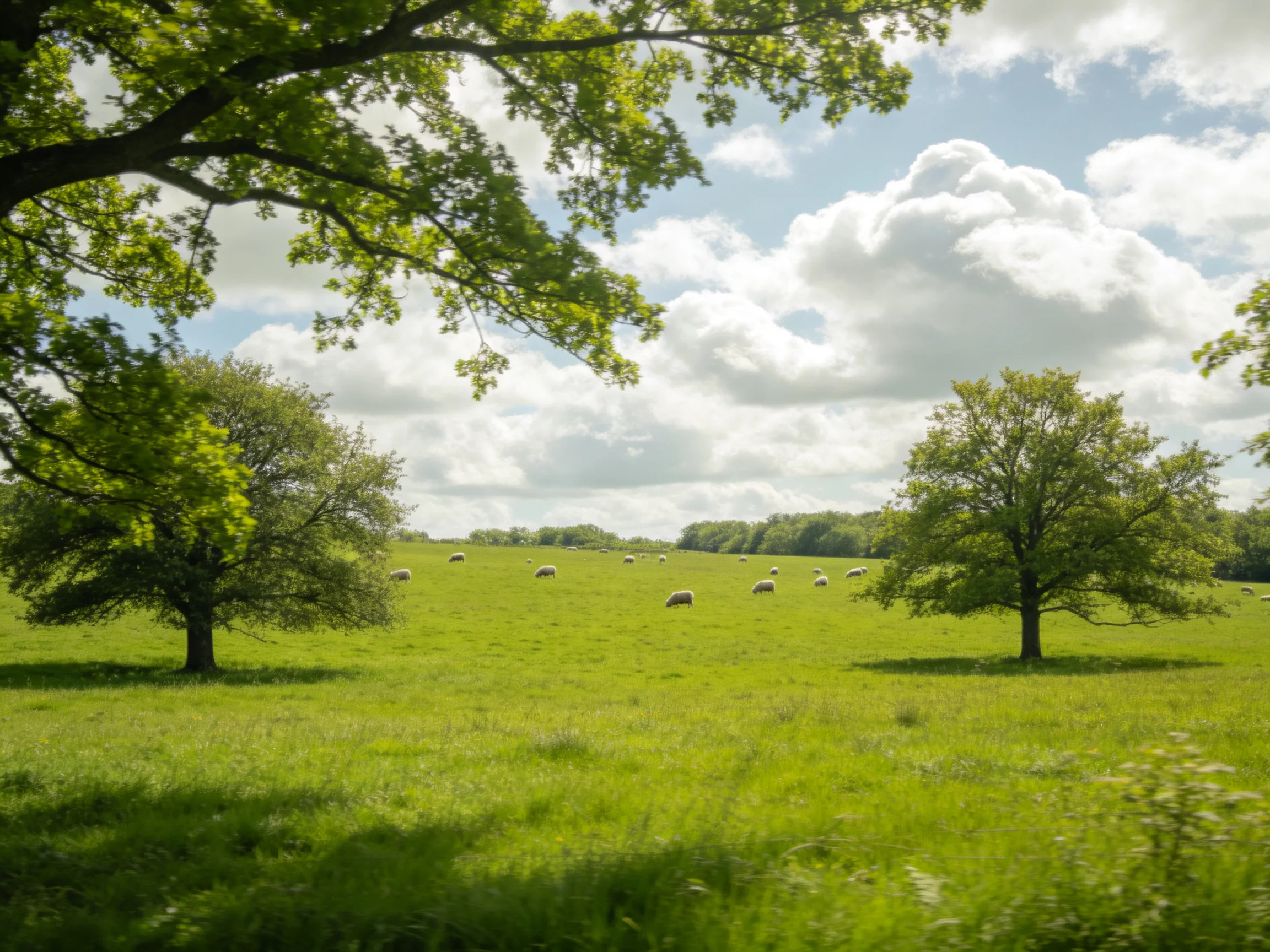 Lush green meadow with scattered trees and grazing sheep under cloudy sky