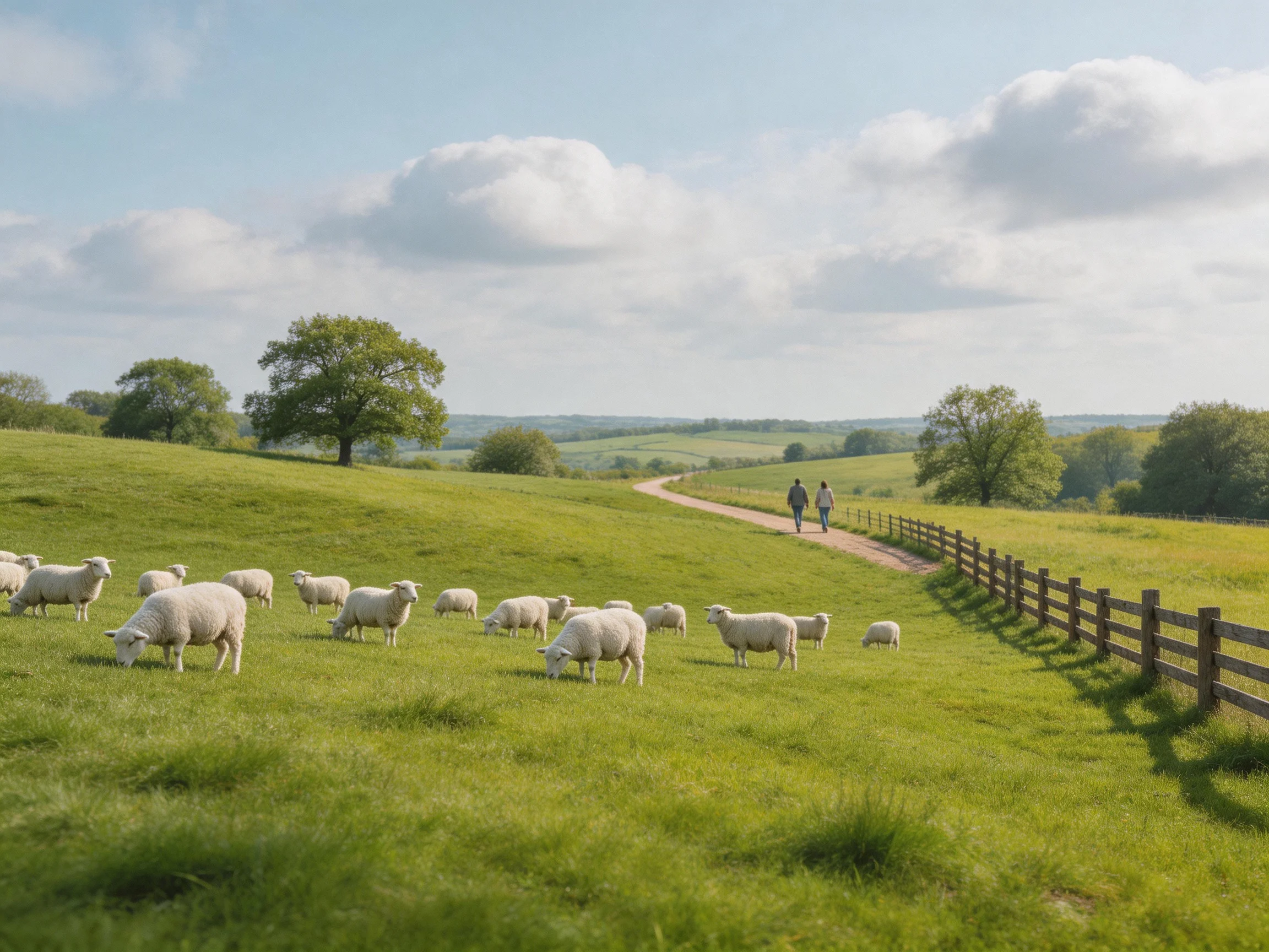 Lush green pasture with grazing sheep and two walkers near a wooden fence