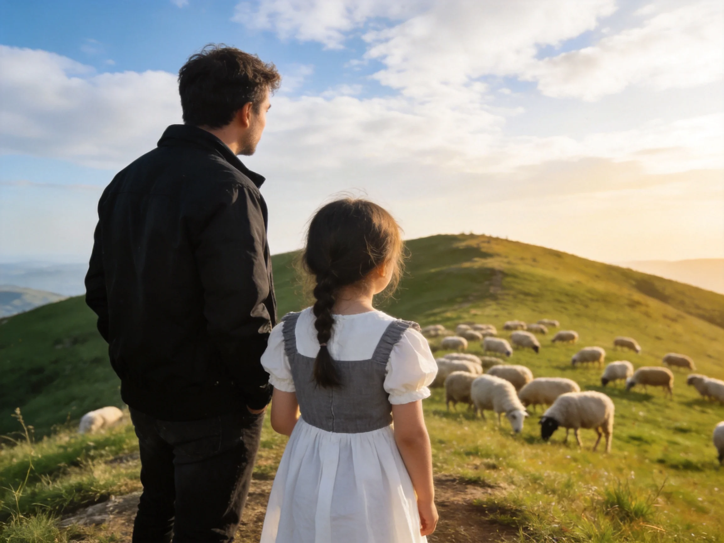 Man and Girl Watch Sheep Graze on Hillside at Sunset